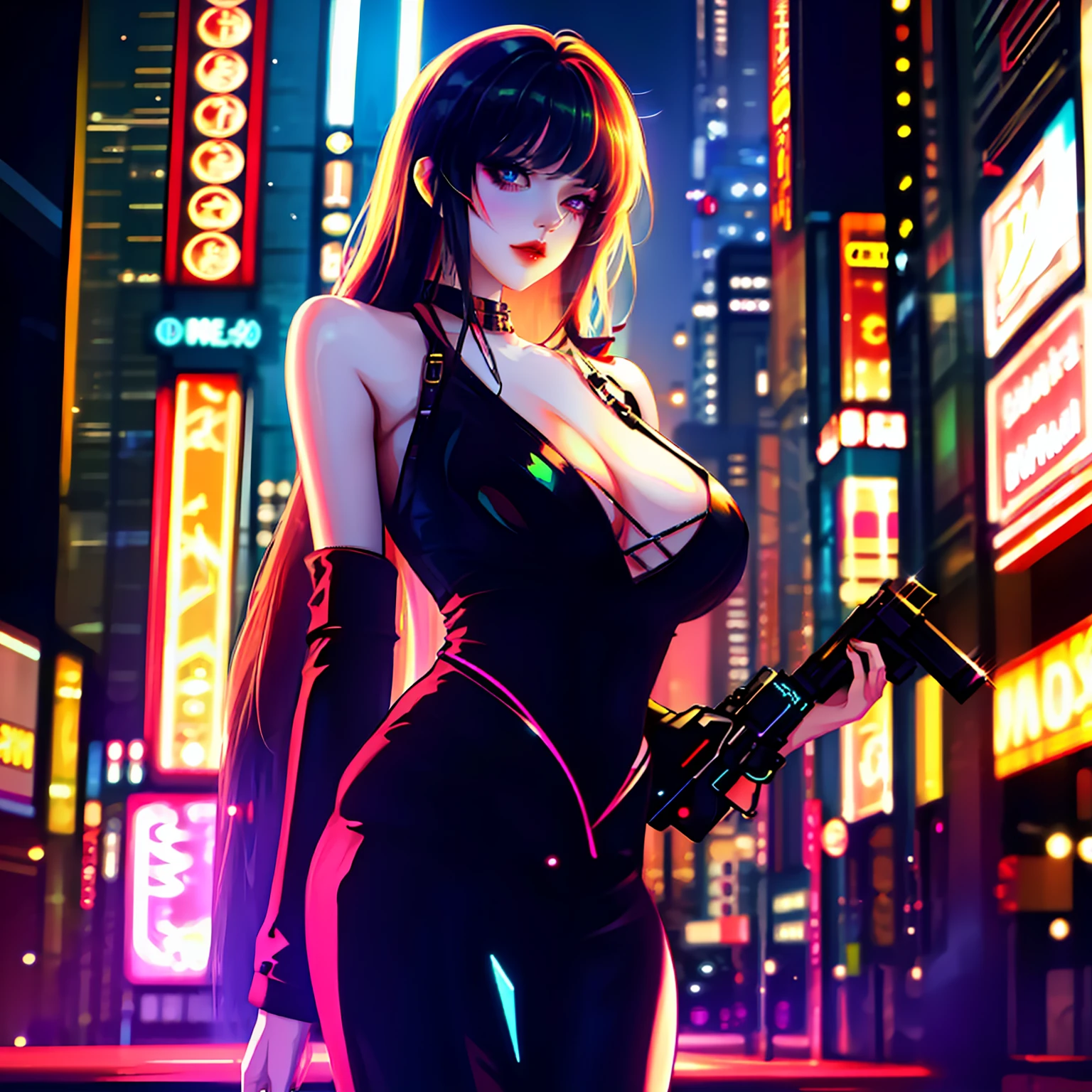 style of anime,Cyberpunk woman standing under a neon city with weapon in hand,Luminous design,rich colours,The kinky is exposed,Naked,cute big breasts,romanticism lain,Brilliant,Neon City at night