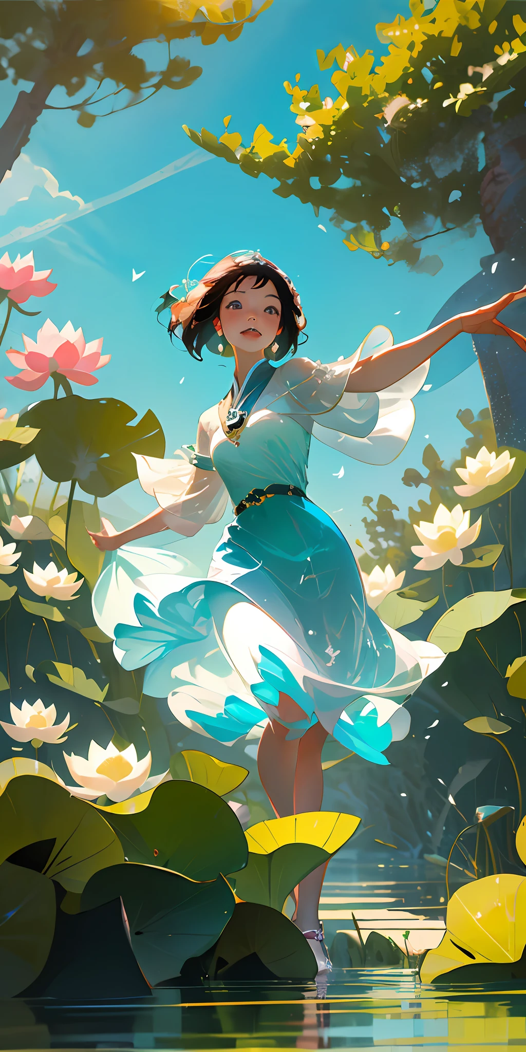 tmasterpiece，HighestQuali，Delicate facial features，夏天，A 12-year-old boy and a 12-year-old girl frolic in the water，Lotus leaf，the trees，Blue sky，freshen