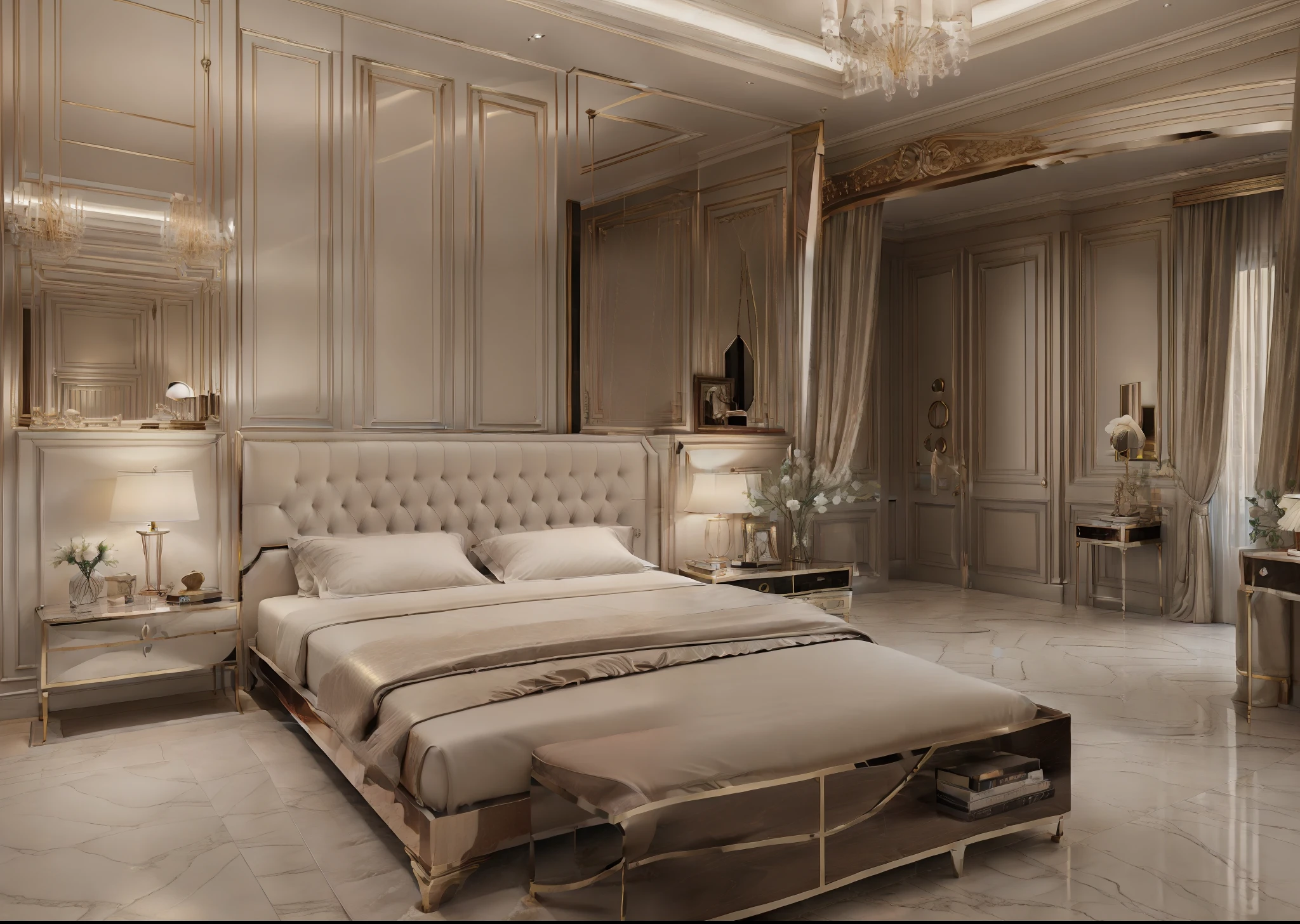 ((Best quality, 8k, Masterpiece :1.3)), neoclassic bed room, magic light, cinematic light, shimmer, glamour