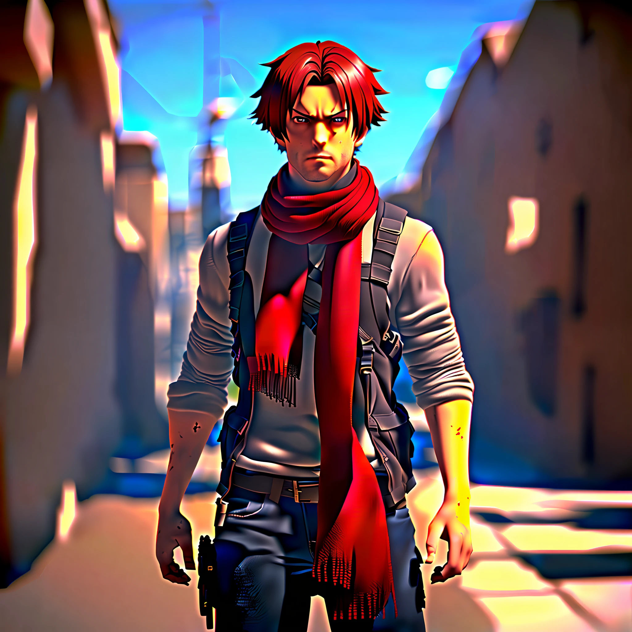Man in scarf,with a determined look in his eyes,hyper realistic anime, unreal-engine, Extremely detailed + 8K, unreal engine 5 highly rendered, 3 d anime realistic,