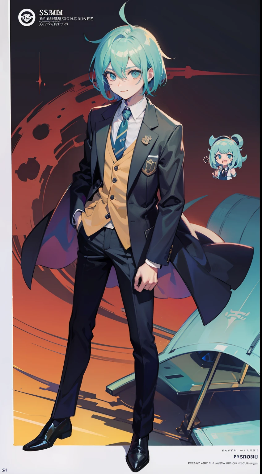 Anime characters in business clothes。ssmile，rays of sunshine，The sailboat behind him，concept art by Kamisaka Sekka, Pisif, Sots Art, ace attorney style, rimuru and milim, puce and vermillion, offcial art, vermillion and cyan, digital art from danganronpa, Medium shots of the character, official character art