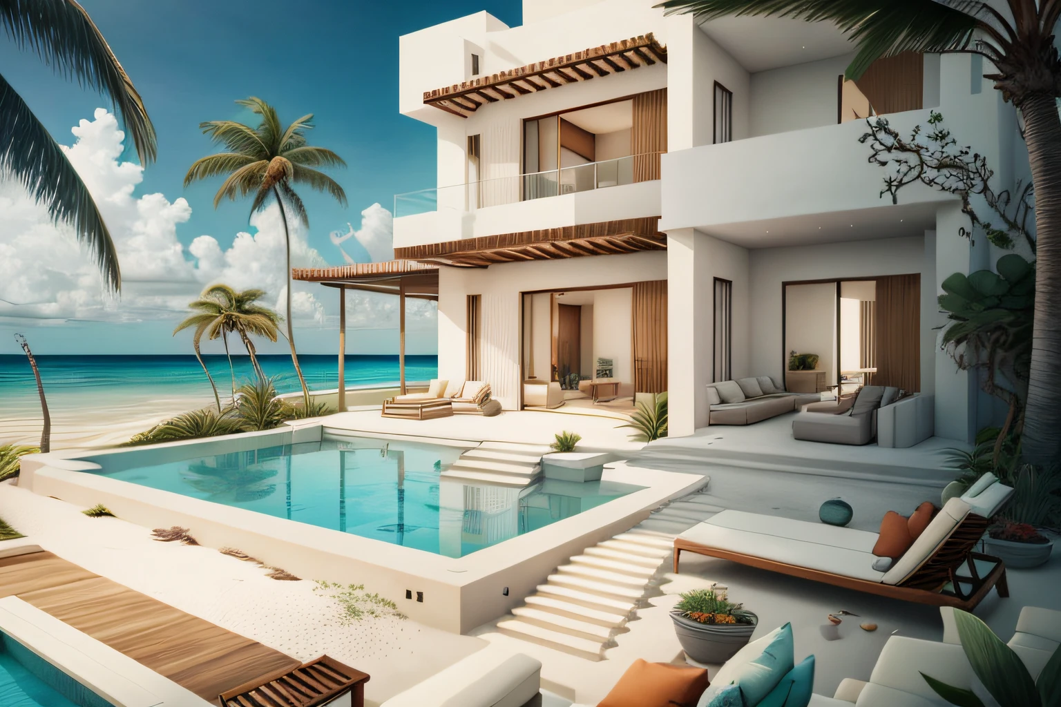 modern beach front luxury Caribbean villa style architecture, realistic, 8k, infinity pool, palm trees, clear waters