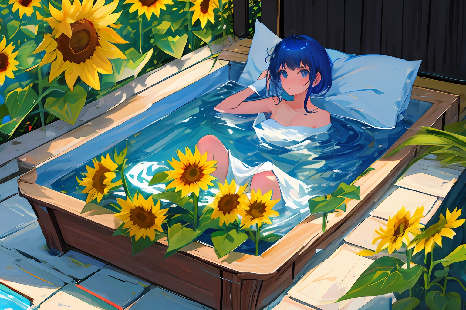 The wrapped in a blue bath towel holds a sunflower