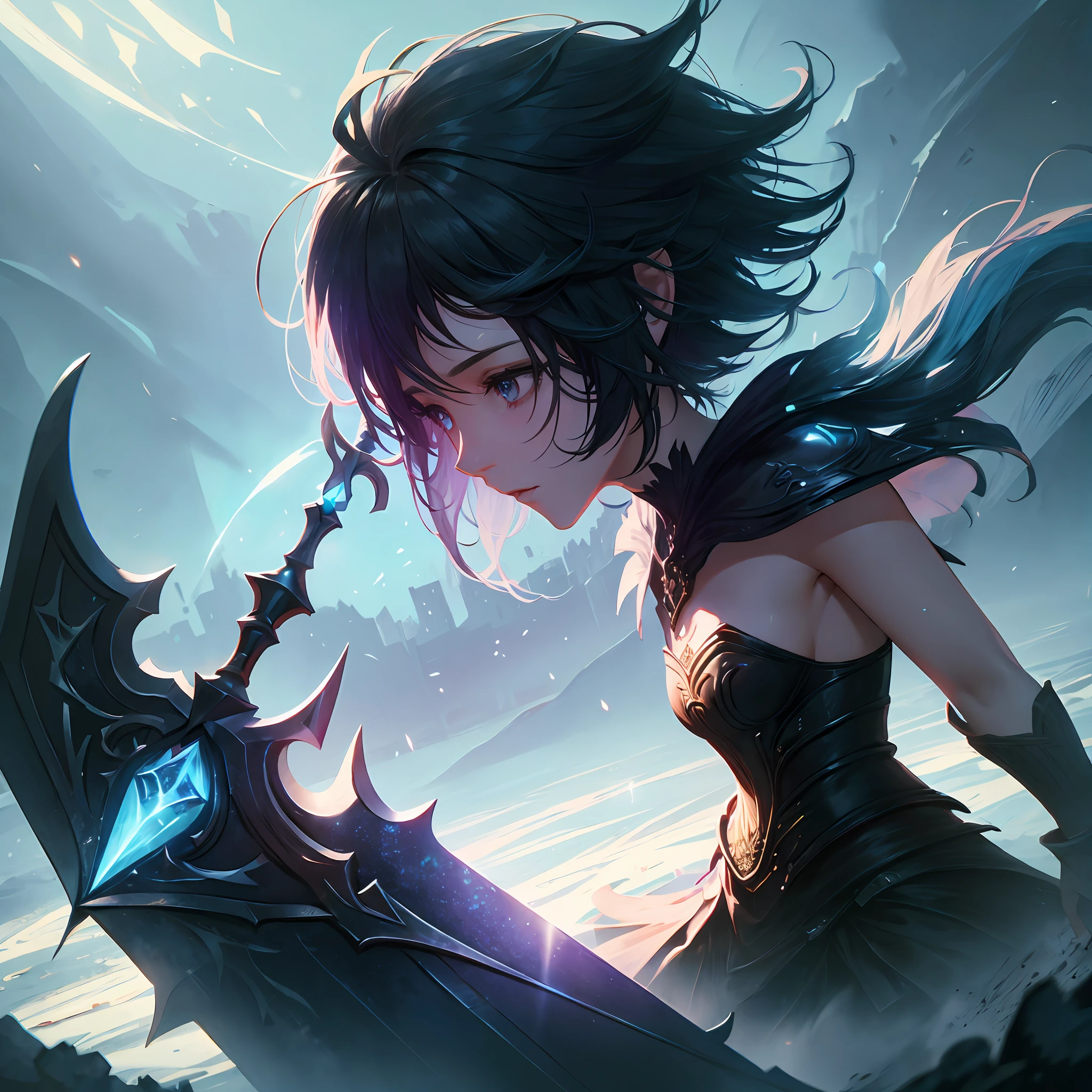 From the 2016 game Final Fantasy 15,Medium shot,The heroine Luna holds a spear,Use a Sony camera,Bright-toned lighting,Highly realistic,Image scale 16:9 --auto