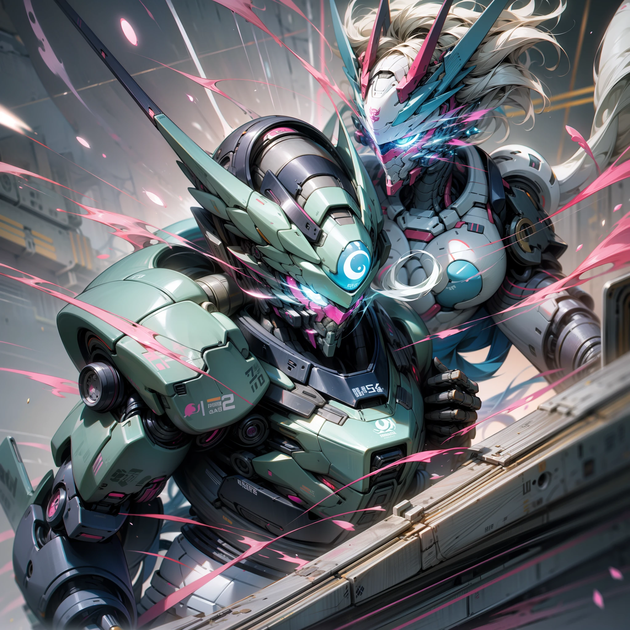 Blue and pink are the main colors，Mechs vs. tall human mechs，Powder blue gradient body，Powder blue gradient，Use the plasma sword，There is a dragon particle effect，Yin and Yang gossip，Formation，mechanical sense，sense of strength，Sense of space，combats，cyber punk perssonage，Human body modification，Structurally sound，Battle instant，high-quality face，4K，High quality，Masterpieces，of a real