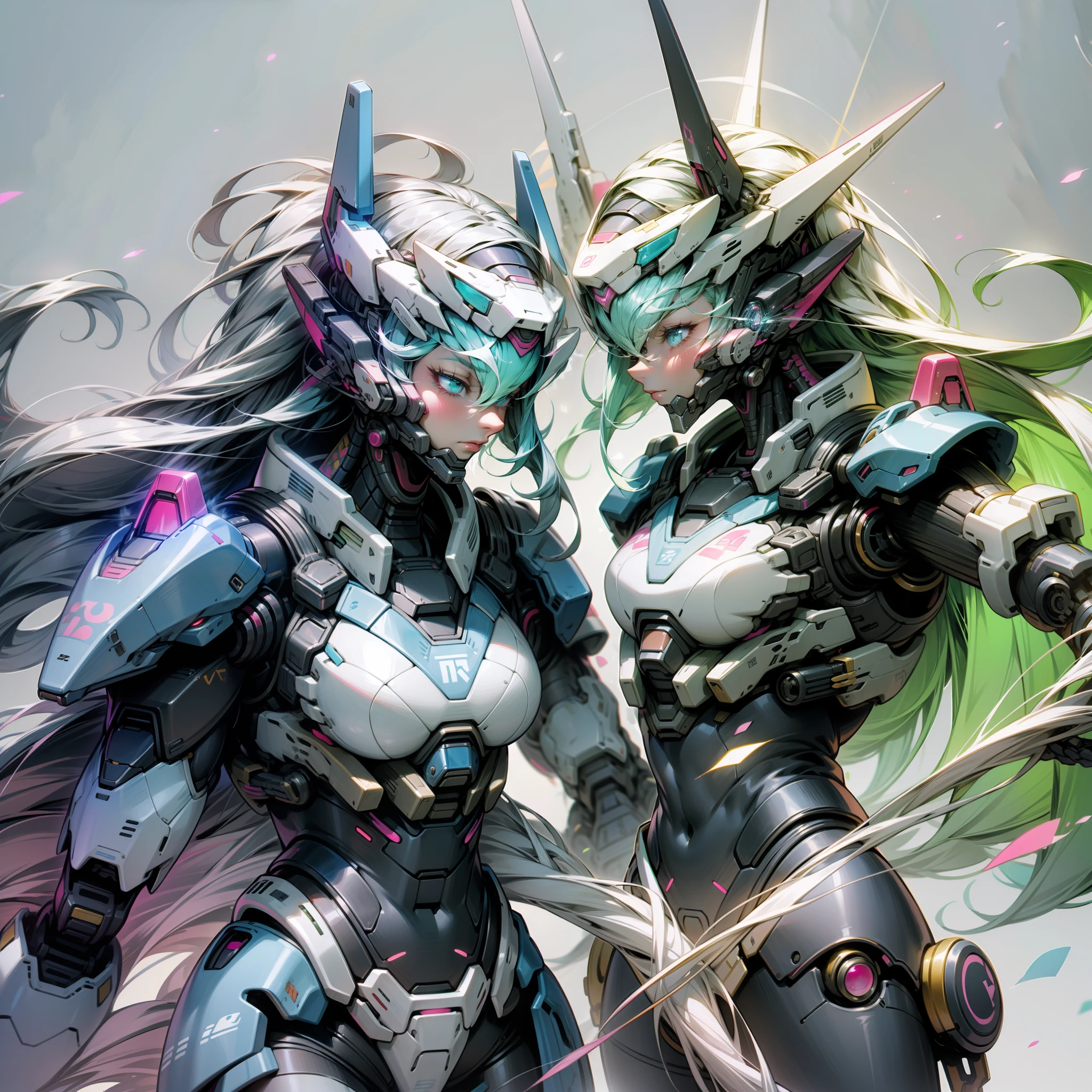 Blue and pink are the main colors,Mechs vs. tall human mechs,Powder blue gradient body,Powder blue gradient,Use the plasma sword,There is a dragon particle effect,Yin and Yang gossip,Formation,mechanical sense,sense of strength,Sense of space,combats,cyber punk perssonage,Human body modification,Structurally sound,Battle instant,high-quality face,4K,High quality,Masterpieces,of a real