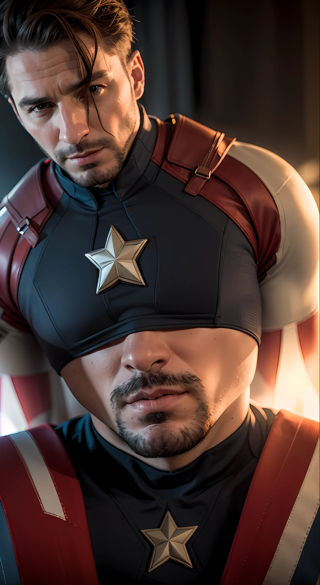 modelshoot style, muscular, realistic face, dressed as Captain America,no helmet,intricate details, lens flare, intricate detailed face, 4k, 8k, hdr