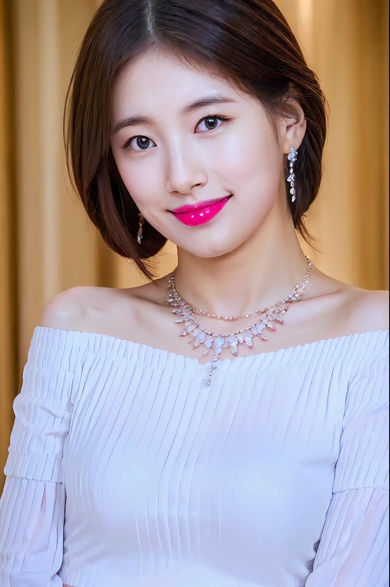 8K, Best quality, Masterpiece, Realistic, Super detail, f/1.2, 85mm, Nikon, Smiling woman with shiny hair, Natural makeup, white off-shoulder tops，Ruffled sleeves, Diamond pendant necklace