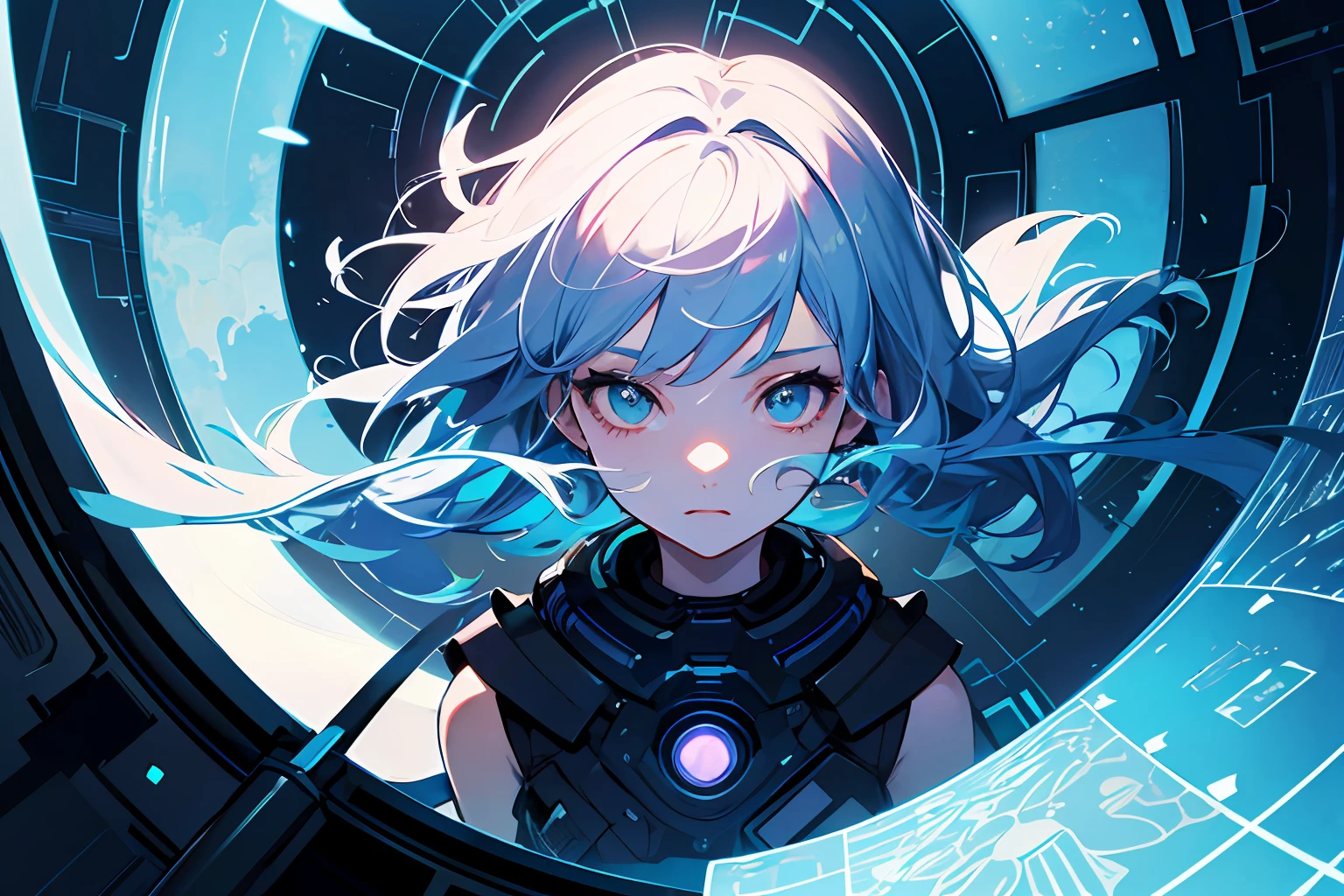 （（tmasterpiece））， （（ultra - detailed））， （（best qualtiy））， 美丽细致的眼睛， Detailed face， The best lighting， The best shades， 1 rapariga，独奏， （（cyber punk style， edge lit， machine arm，Hologram aura，Surreal Science Fiction Art，Future Science Fiction Aesthetics，Flat 2D style））， （（The main colors are purple and green））， Huge light bulb， （Girl inside the screen：1.5），Mobile Paradise，Orange bulb，A world made up of mobile phones，Gamepad，VR glasses，Virtual screen， freckle， Cold nose， （（（Buble）））， illustration，japanese inspired， （highly  detailed）， Whirlpool effect，