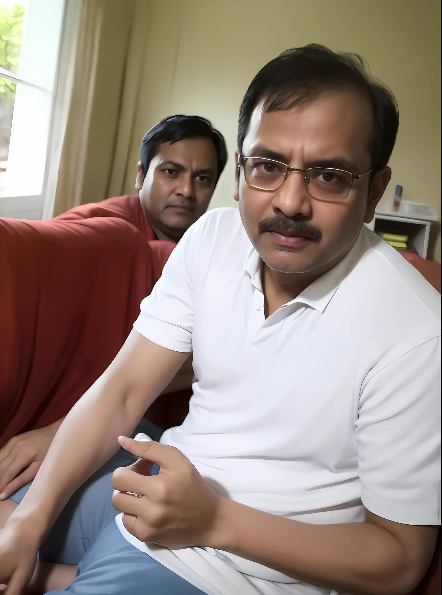 there is a man that is sitting in a room with a bed, 4 0 years old man, assamese, in small room, 5 0 years old man, selfie photo, ranjit ghosh, inspired by Bikash Bhattacharjee, (38 years old), very very low quality picture, without helmet, without beard, 8k selfie photograph