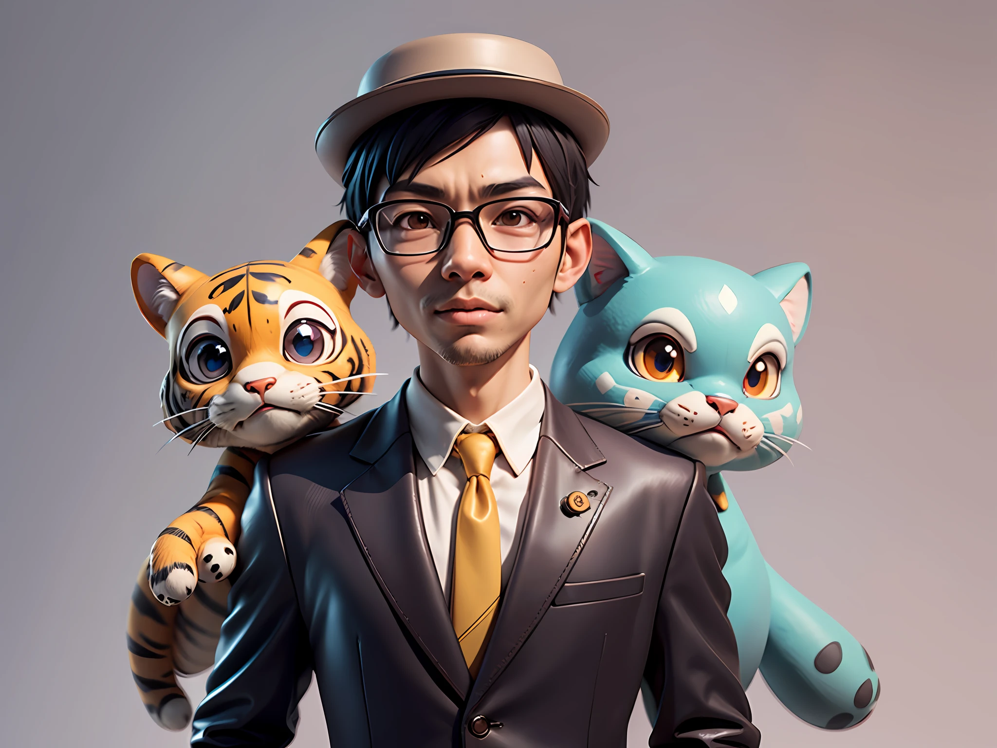 Young man with oriental face in leather hat, tiger, oriental face in formal suit, short black hair, silver glasses, digital painting, 3D character design by Mark Clairedon and Pixar and Hayao Miyazaki and Akira Toriyama, the illustration is a high-definition illustration in 4K resolution with very detailed facial features and cartoon-style visuals.