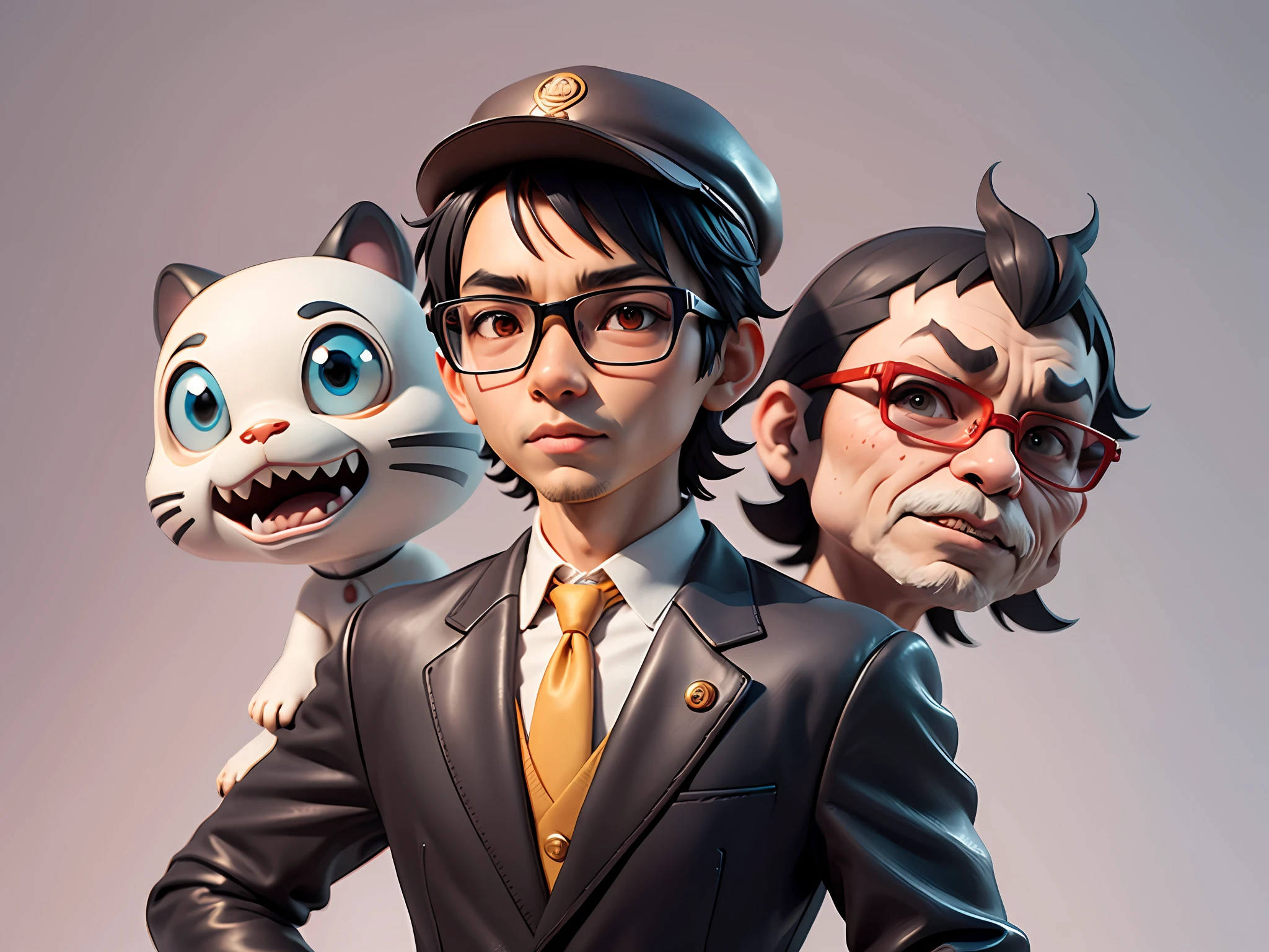 Young man with oriental face in leather hat, tiger, oriental face in formal suit, short black hair, silver glasses, digital painting, 3D character design by Mark Clairedon and Pixar and Hayao Miyazaki and Akira Toriyama, the illustration is a high-definition illustration in 4K resolution with very detailed facial features and cartoon-style visuals.