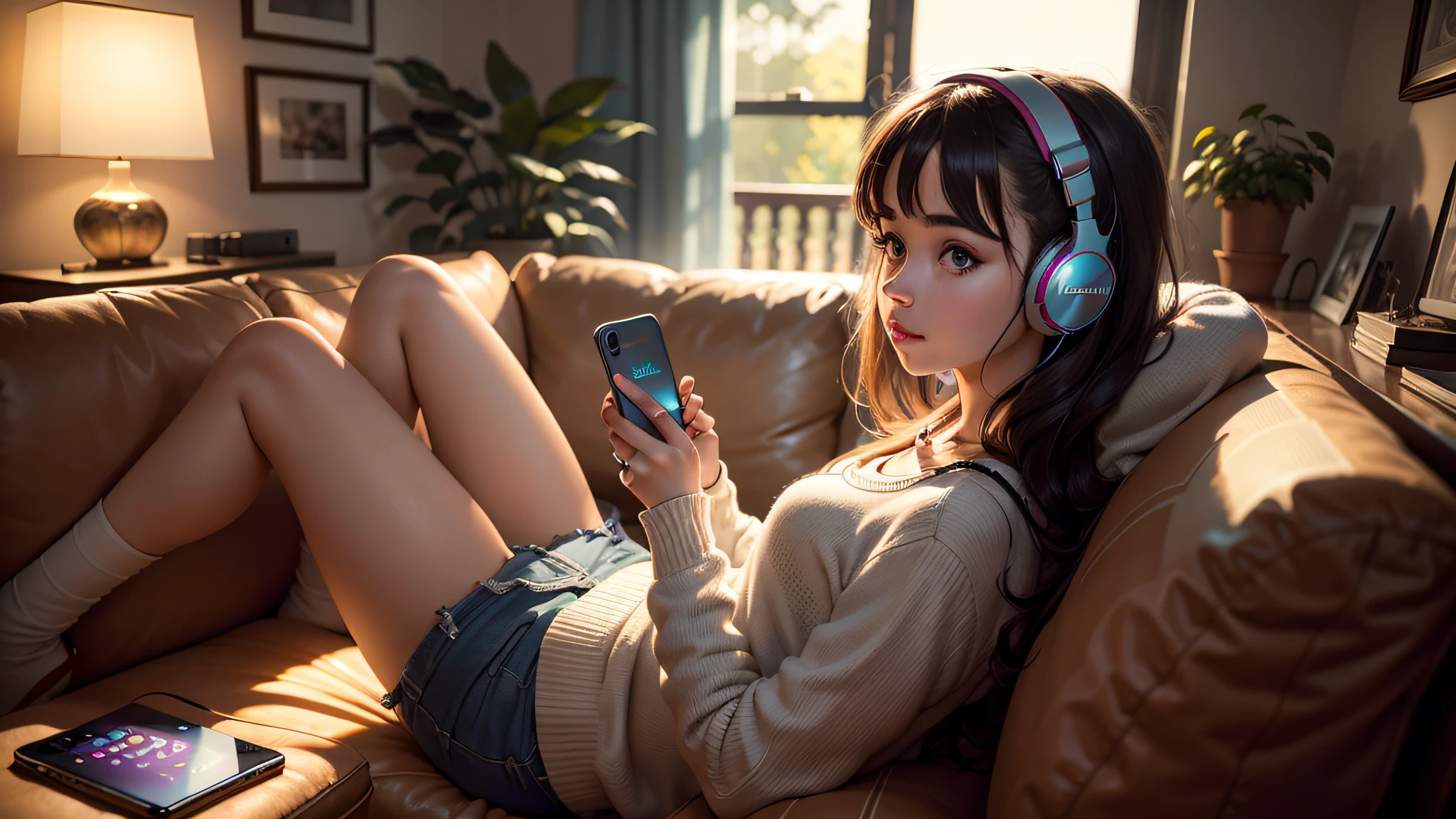 arafed girl with headphones sitting on a couch in a room, usando fones de ouvido, listening to music, listening to godly music, Fones de ouvido ligados, retrato de alta qualidade, vibing to music, Usando fones de ouvido, com fones de ouvido, capa de revista, cenario de Lofi, Shutterstock, listening to music at 2 am, Foto retrato suave 8 k, music being played