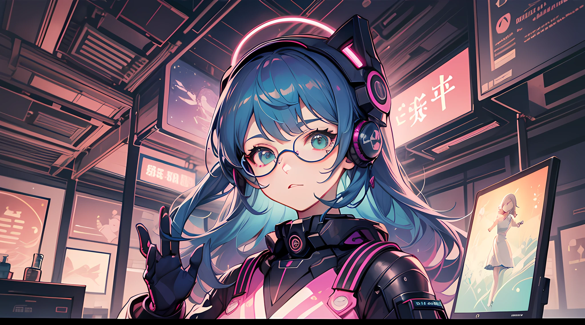 ((tmasterpiece)), ((ultra - detailed)), ((best qualtiy)), 美丽细致的眼睛, Detailed face, The best lighting, The best shades, 1 rapariga,独奏, ((cyber punk style, edge lit, machine arm,Hologram aura,Surreal Science Fiction Art,Future Science Fiction Aesthetics,Flat 2D style)), ((The main colors are purple and green)), Huge light bulb, (Girl inside the screen:1.5),Mobile Paradise,Orange bulb,A world made up of mobile phones,Gamepad,VR glasses,Virtual screen, freckle, Cold nose, (((Buble))), illustration,japanese inspired, (highly detailed), Whirlpool effect,