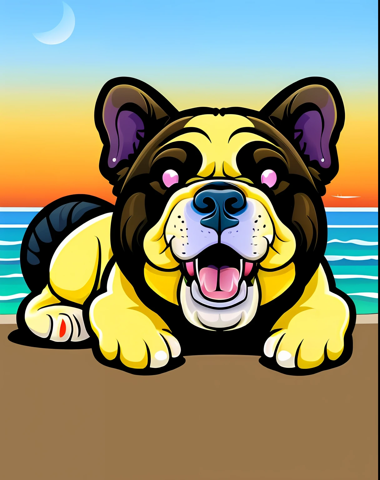 Vector-art of a (Bulldog: 1.3), loyal, happy, intelligent, lively, devoted, expressive, energetic, playful, quick, strongwilled, good-natured, running on a beach, sunset background.