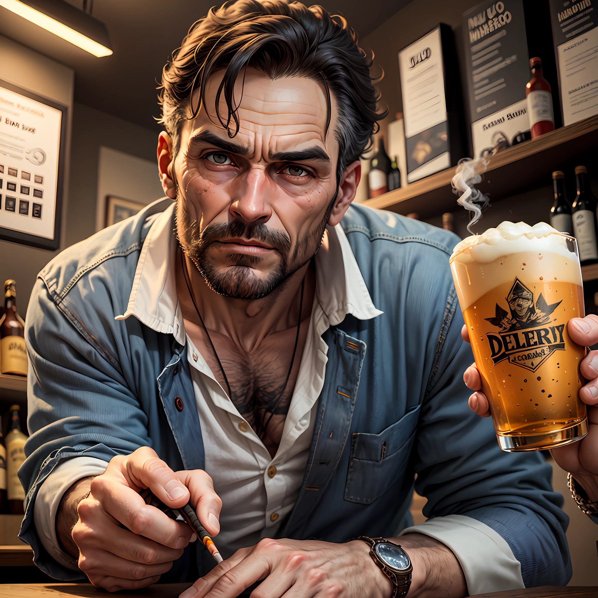 Homem extremamente forte, um enorme cicatriz no rosto, bar escuro sujo em um pub com um cigarro e uma caneca de cerveja, fumando, noite, fundo decadente, filme, realismo,