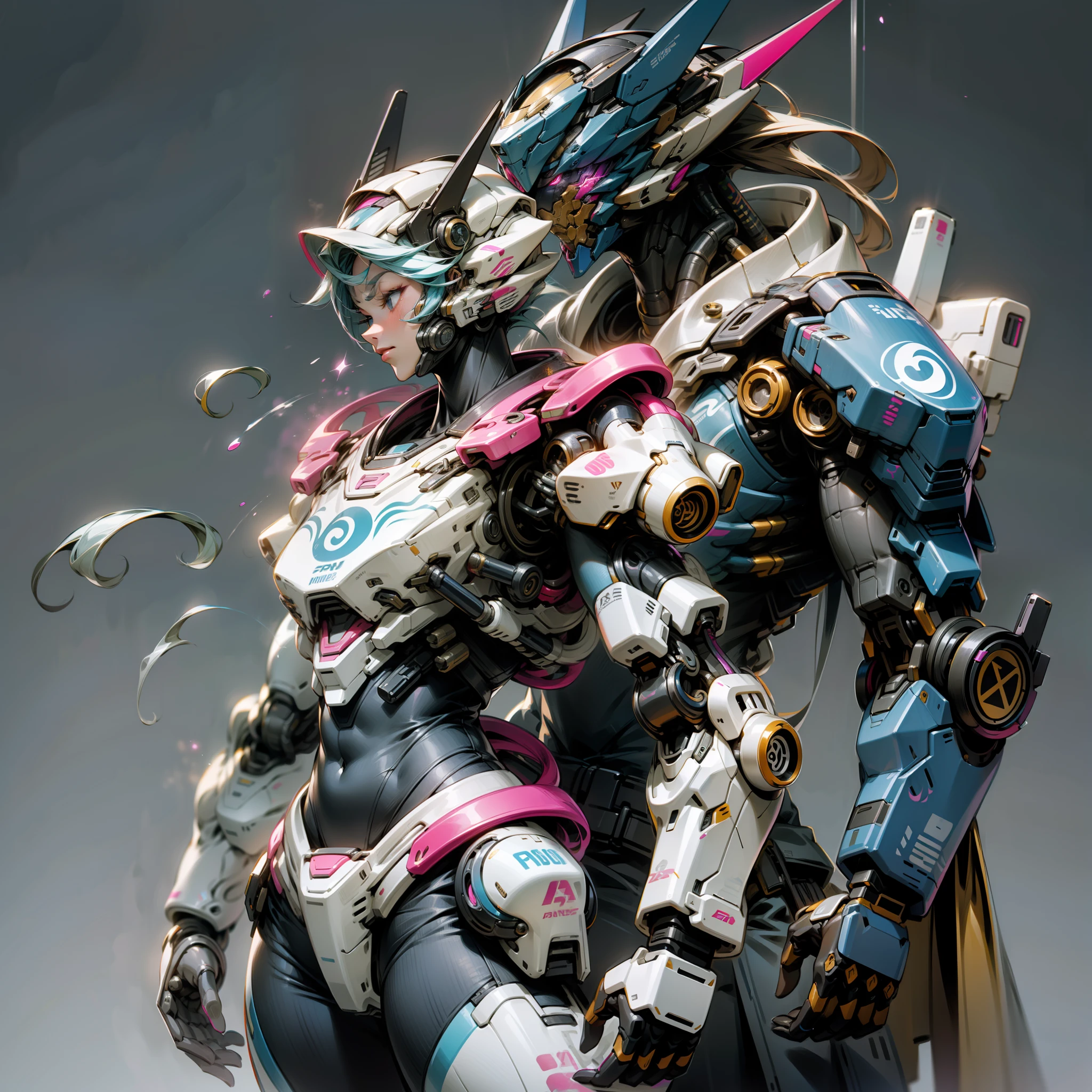 Blue and pink are the main colors,Tall mech,Powder blue gradient body,Powder blue gradient,Use the plasma sword,There is a dragon particle effect,Yin and Yang gossip,Formation,mechanical sense,sense of strength,Sense of space,combats,cyber punk perssonage,Human body modification,Structurally sound,Battle instant,high-quality face,4K,High quality,Masterpieces,of a real