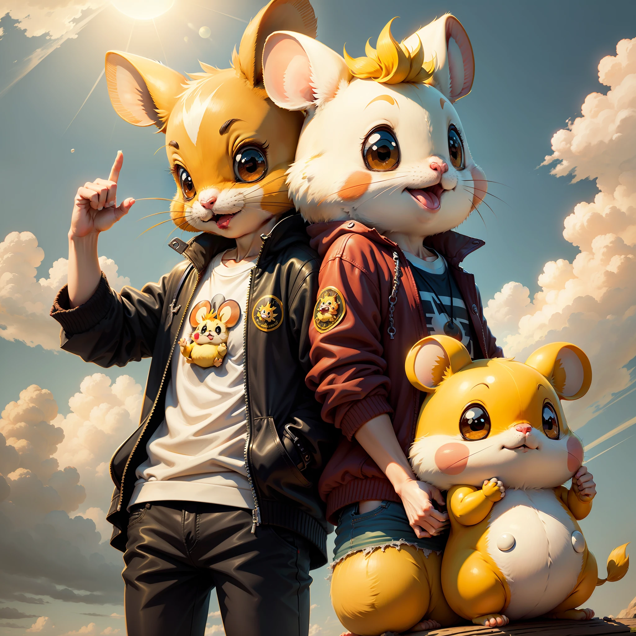 Three cartoon-style yellow Hamtaro,Fingers raised towards the sky,Golden rat,8K,Hayokaze Miyazaki ,Skinny,The sun shines on Hamtaro