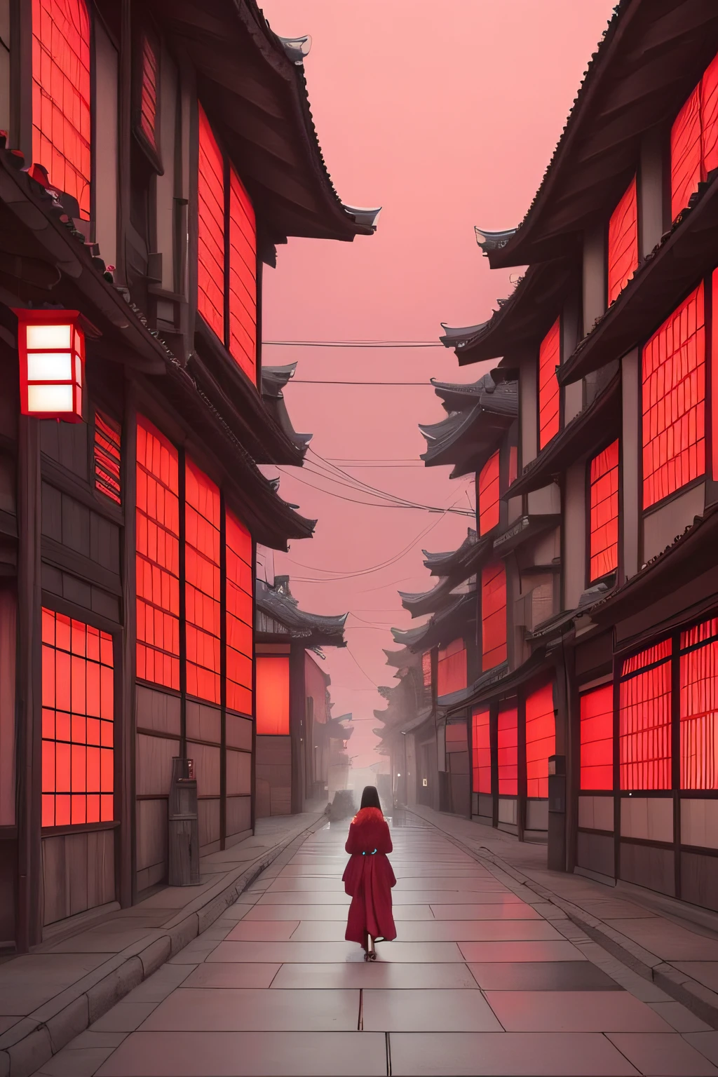 a woman in a red robe walking down a street in a red light, japanese city, japanese street, dreamy chinese town, kyoto inspired, ancient city streets behind her, japanese town, colorful kitsune city, japanese art style, red lanterns, inspired by Kanō Naizen, anime style mixed with fujifilm, in a red dream world, red glow, japan travel aesthetic