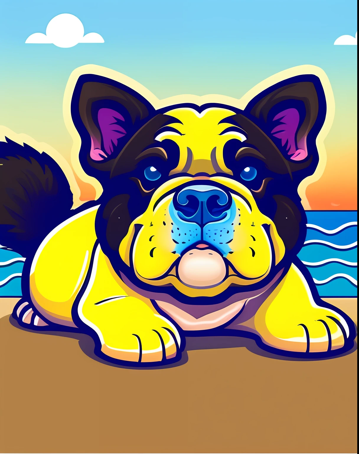 Vector-art of a (Bulldog: 1.3), loyal, happy, intelligent, lively, devoted, expressive, energetic, playful, quick, strongwilled, good-natured, curly tail, pointed ears, fluffy fur, sandy coat, blue eyes, running on a beach, sunset background.