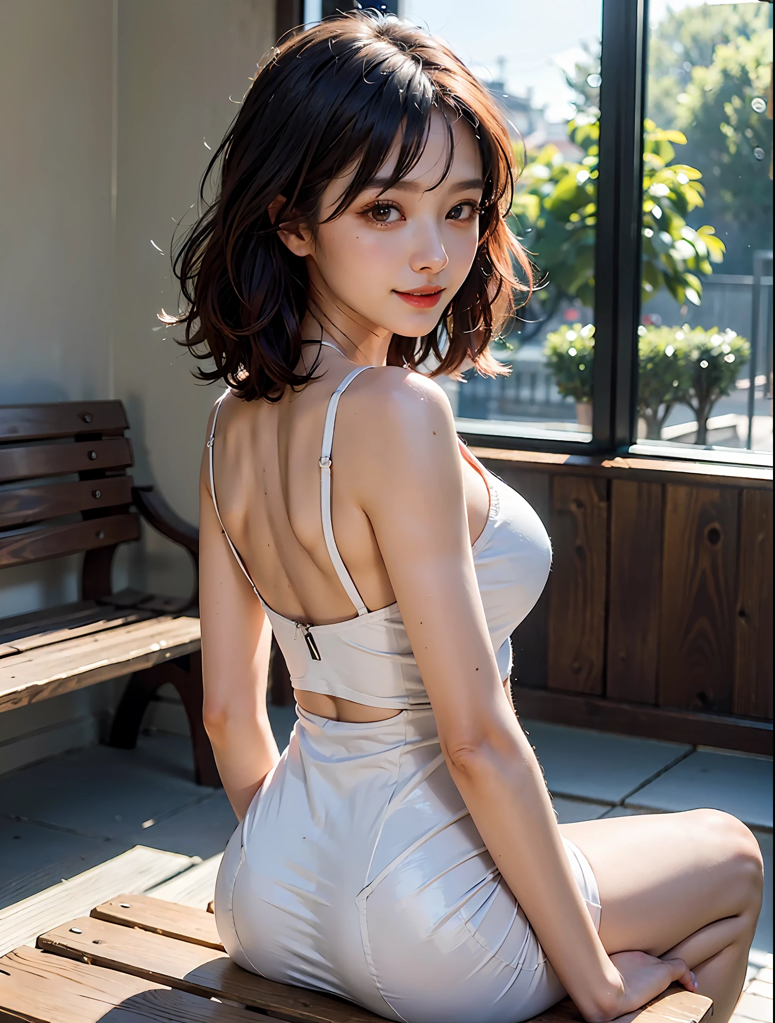 (Best quality, 8k), (masterpiece : 1.7), (photorealistic : 1.9), (1 girl), (sexy woman), (28 years old), (Japanese), (slim figure), (emphasizing slender abs: 1.3), (large perky breasts), (bangs, medium length hair), (cleavage), (perky butt), (short tight dress), (ultra-detailed face), (Detailed eyes), (Double eyelids), (many eyelashes), (alluring smile), (perfect body), (long legs), (looking at viewer directly), (indoors), (back, sitting on a bench), (professional lighting, photon mapping)