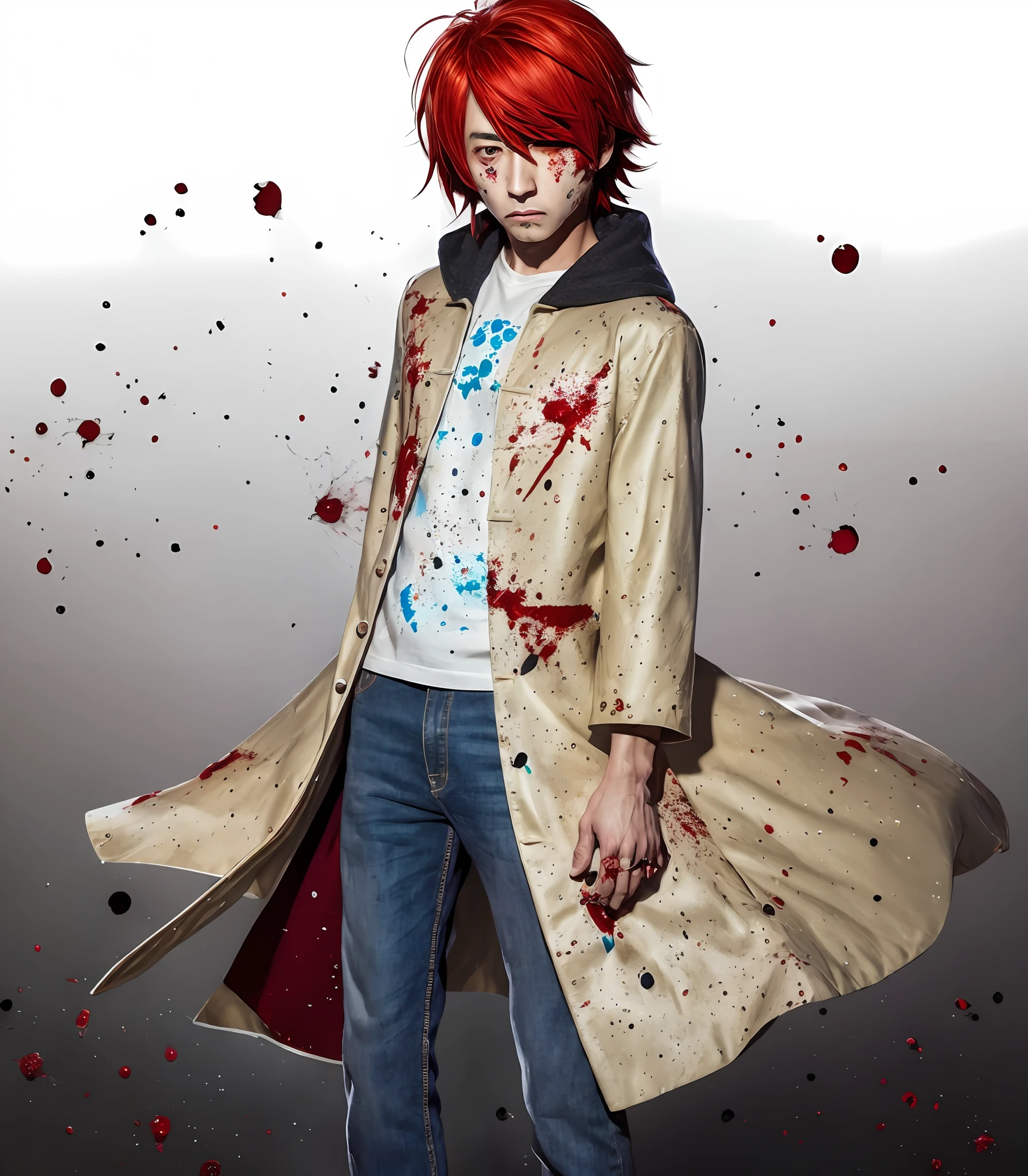 anime character with blood splattered on his clothes and coat, tall anime guy with blue eyes, badass anime 8 k, inspired by Yamagata Hiro, trigger anime artstyle, okata kazuto, akiyuki shinbou, his eyes are bleeding intense, detailed anime character art, anime style character, orange - haired anime boy, high quality anime artstyle, 1 Man, realistic, ultra detail, photography,
