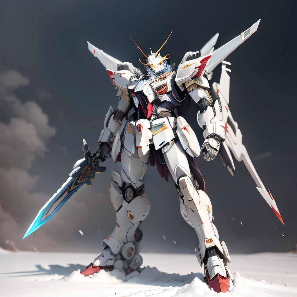 Stand in the snow to raid the Freedom Gundam，The sword in Barbatos' hand，Present a posture with outstretched wings，The mecha style is tough and cool，The 4K high-resolution picture quality is gorgeous and detailed，Gundam armor has a strong metallic feel，Presents the ultimate style of modern mecha anime。