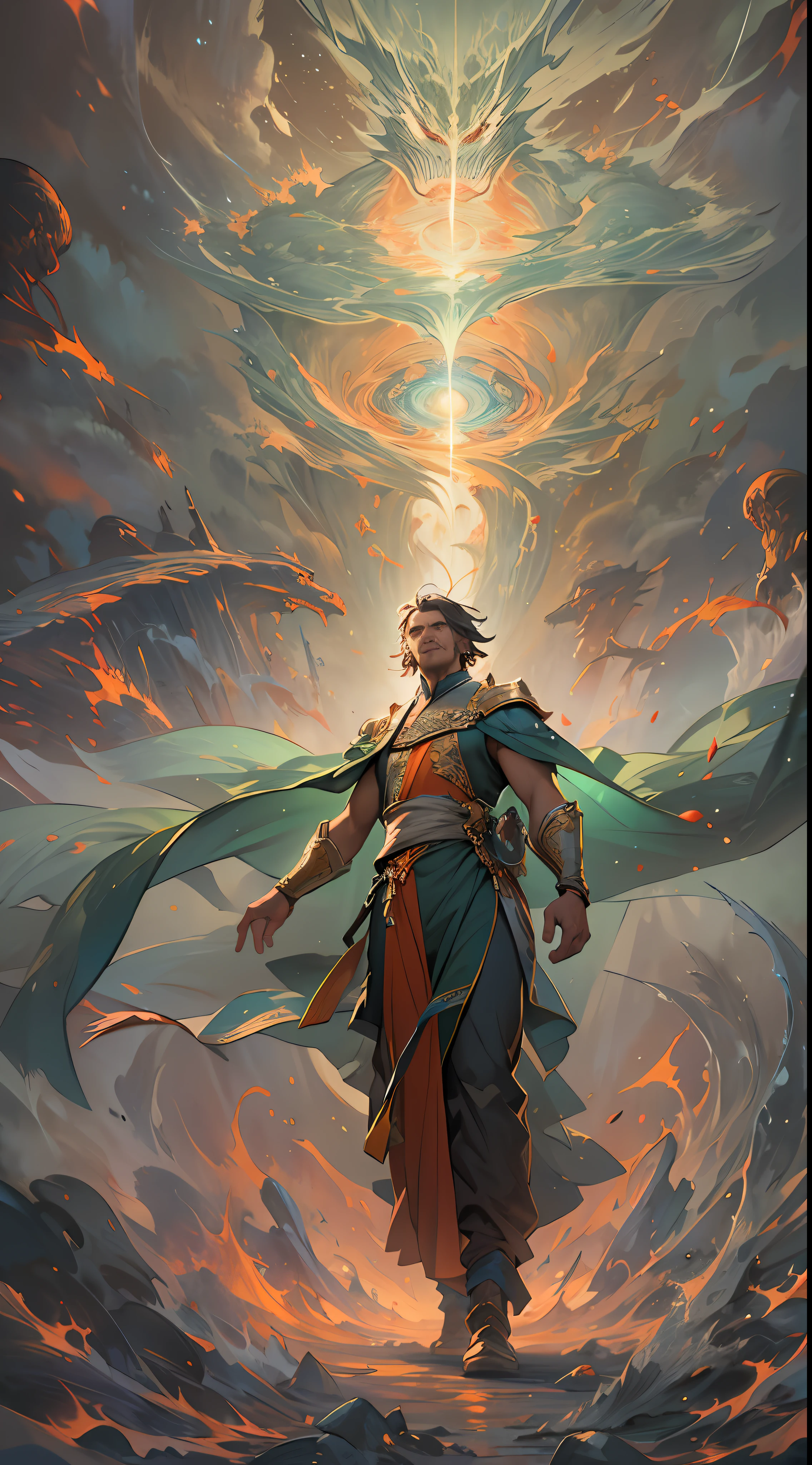 A tall man radiating intense spiritual power, with turbulent air currents swirling around him, 32k, best quality, masterpiece, super detail, high details,