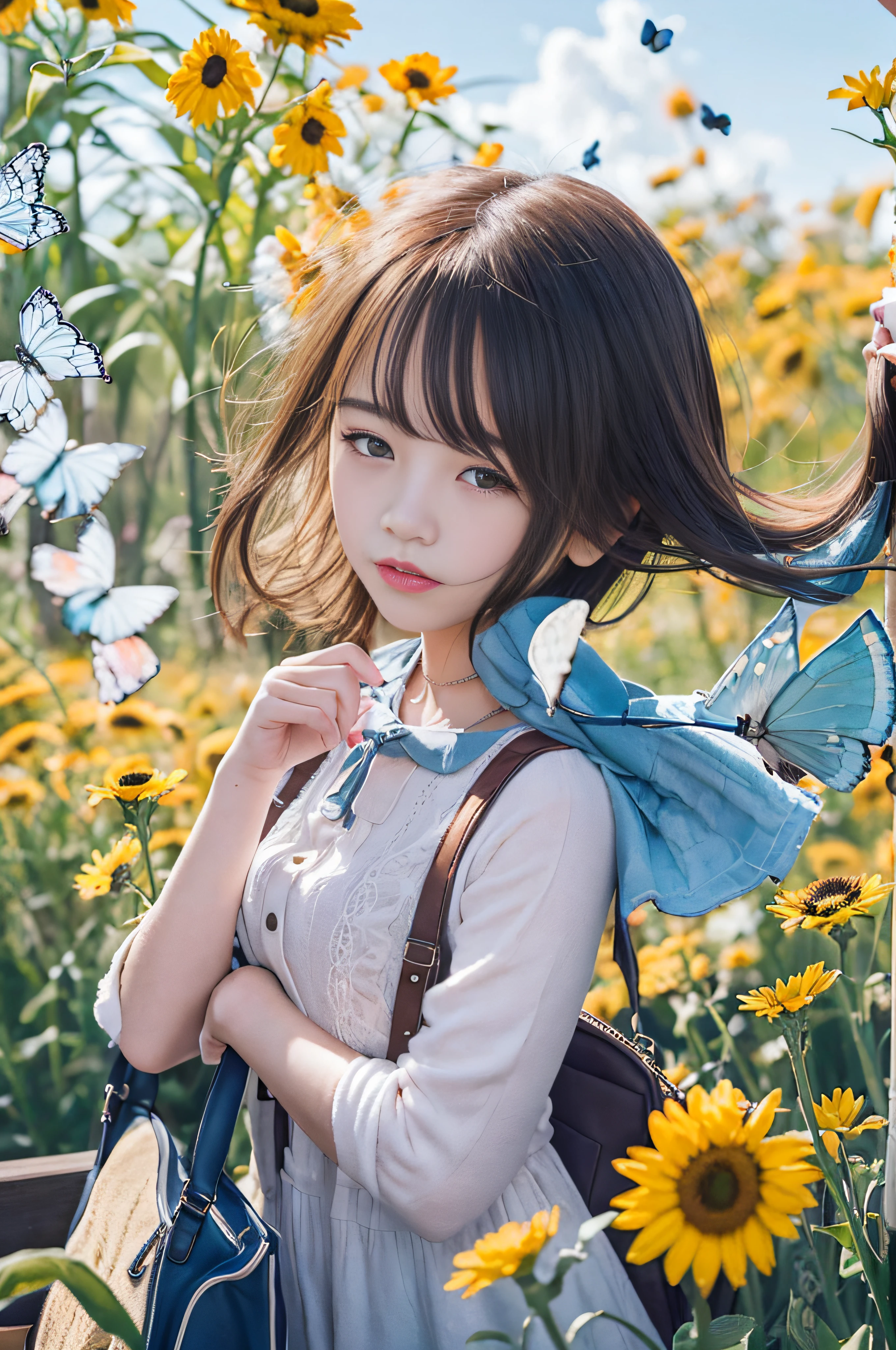 High Detail, Ultra Detail, 8K, Ultra High Resolution A cute and innocent girl, child, toddler, enjoying her time in the open field, surrounded by the beauty of nature, warm sun sprinkling on her, wildflowers gently swaying in the breeze. Butterflies and birds flutter around her, adding to the playful atmosphere,