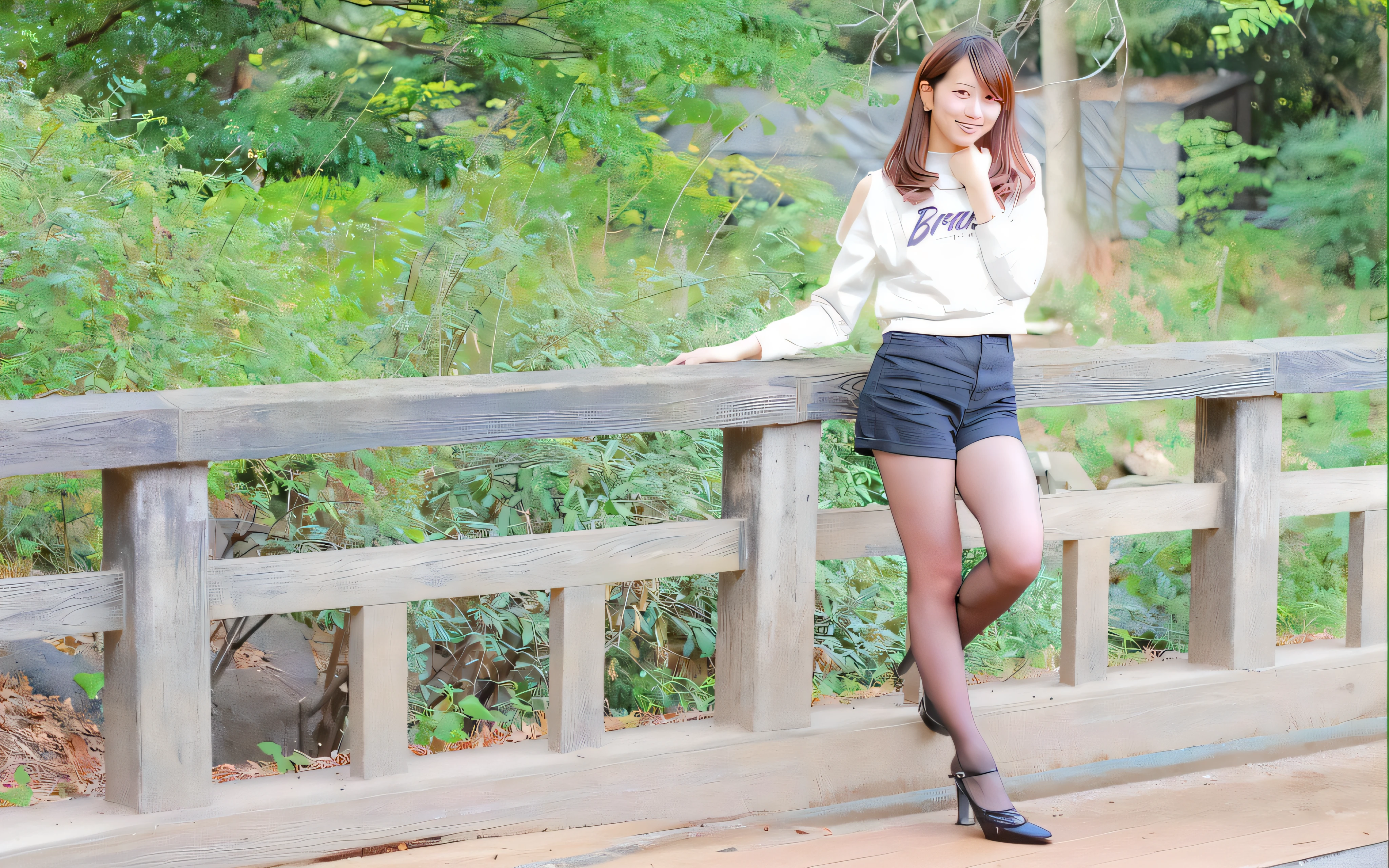 Alaffe woman in high heels posing on bridge, sakimichan hdri, reluvy5213, various poses shooting photos, Young Pretty Gravure Idol, Young skinny gravure idol, Young Gravure Idol, chiho, Realistic Young Gravure Idol, Engaging pose, pretty face with arms and legs, Cute elegant pose, Poses variadas