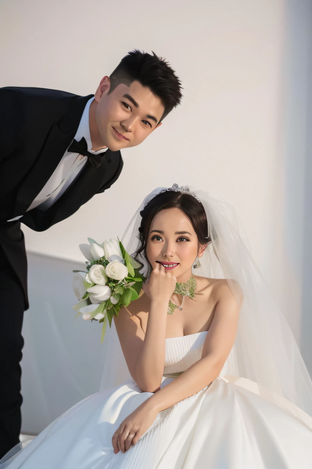 The bride and groom pose for a group photo in the white room, Wedding photos cute couple, bridegroom，Wedding，offcial dress，cinematic lighting, fisheye, UHD