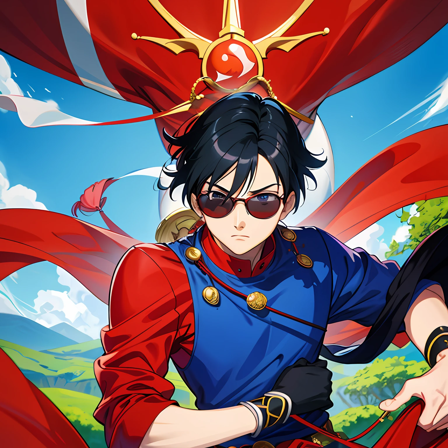 A closeup of a person in a red shirt and sunglasses, Makoto Kano, Kazuma Kaneko, cara de anime alto com olhos azuis, Kentaro Miura estilo de arte, Estilo Kentaro Miura, kentaro miura manga art style, !! Takeshi Amano!!, Estilo de Kentaro Miura!!!!, ((vestindo manto aristocrata))