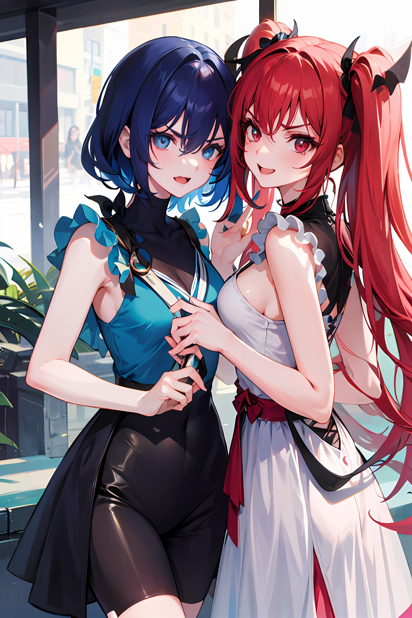 Two girls dressed in diametrically opposed clothes，One angry and one laughing，A red eye，A blue eye，A handsome，A beautiful one
