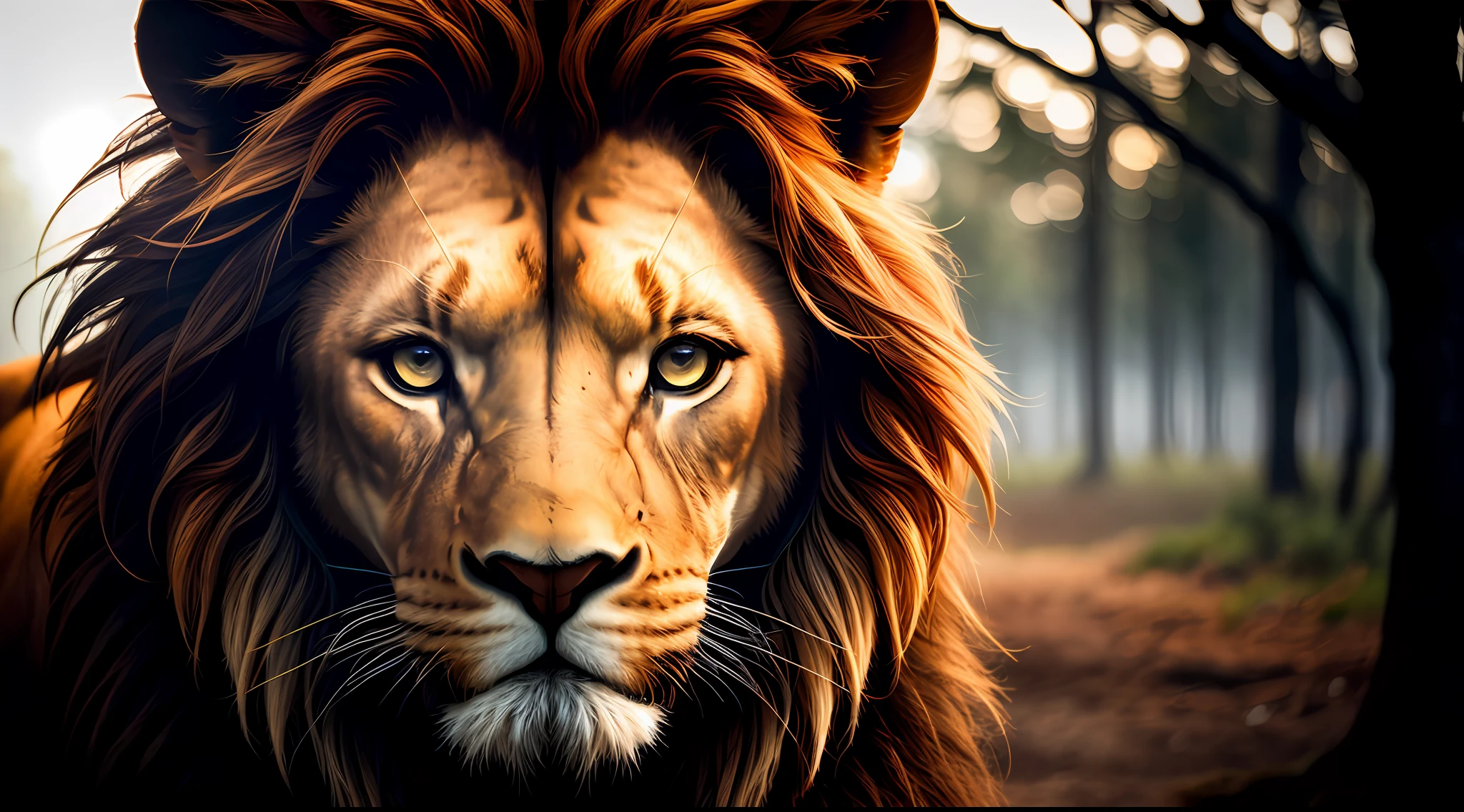 Shining lion in a dark and mysterious forest, fantasia e nevoeiro, Ray of sunshine coming through the tree, fotorrealista, foto, obra-prima, realista, realismo, fotorrealismo, alto contraste, Trending photorealistic digital art in Artstation 8k HD high definition detailed realistic, detalhado, textura da pele, hiper detalhado, textura realista da pele, armadura, melhor qualidade, ultra alta res, (fotorrealista: 1.4),, alta resolução, detalhado, foto crua, Sharp Re, by Lee Jeffries Nikon D850 film Stock Photography 4 Kodak Portra 400 camera F1.6 Lens Rich Colors Hyper Realistic Texture Dramatic Texture UnrealEngine Trend in ArtStation CineStill 800,