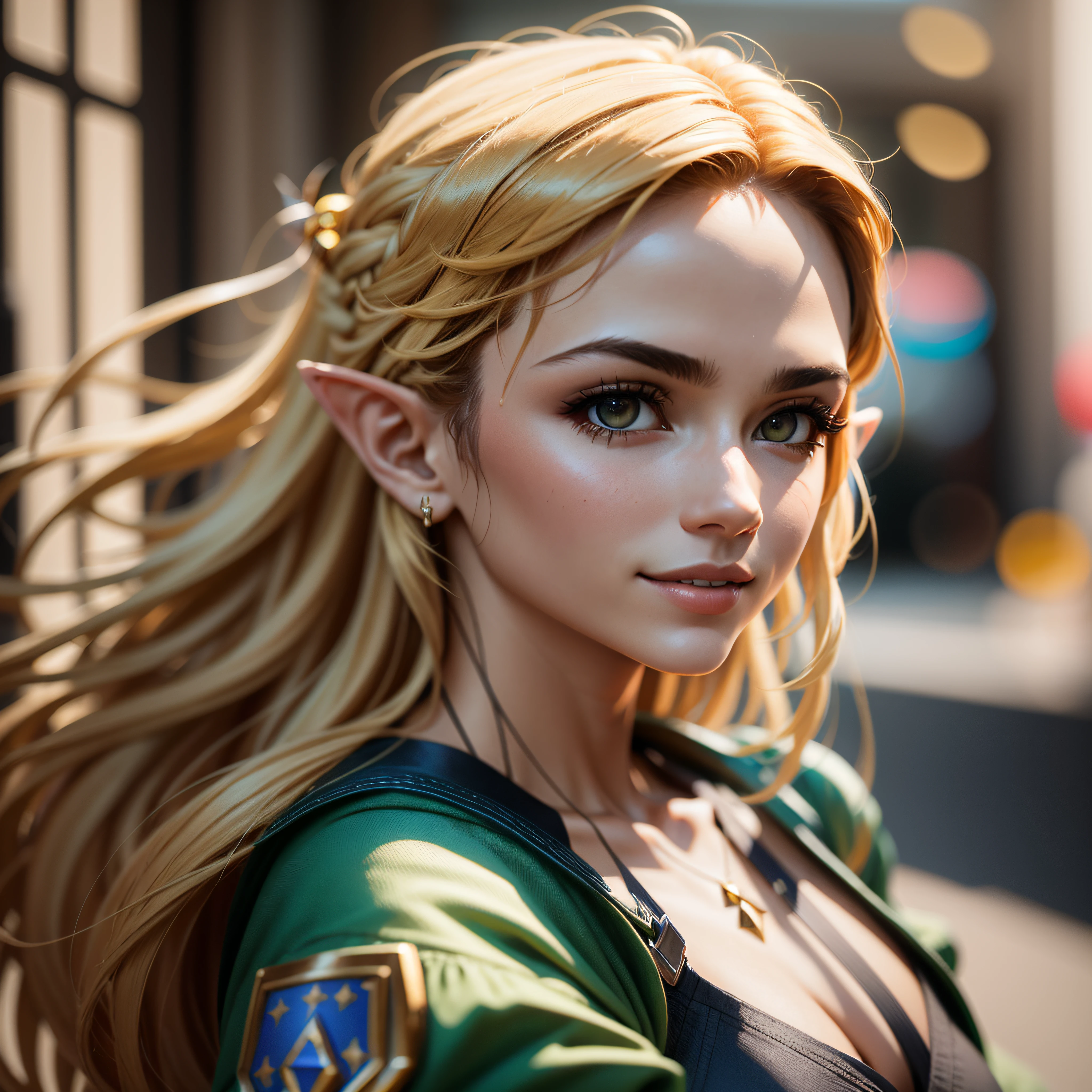 Mulher de cabelos loiros em roupa azul e bege segurando em poses de combate como em street fighter, lutando como em street fighter 2, guerreira, Zelda, Retrato de Zelda, de lenda de Zelda, Link da lenda de Zelda, link do Zelda, Fotos cosplay, Cosplay ornamentado, Cosplay profissional, Cosplay, Cosplay Completo, Artgerm Moody Fotografia, Princesa Zelda, Zelda como Triforce, Hyrule, Anime Garota Cosplay, ray-traced, 3d-render, extremanente detalhado, alta qualidade, Luz e sombra realistas, cabelos loiros, eye reflection, Sorriso leve, ray tracing, ray tracing, High detail, realismo, hiper-realismo, profundidade de campo, cinematic lighting, desfoque de movimento, brilho, luz brilhante, raios de deus, ray tracing, reflection light, Afterimage, multiple views, Reflexo da lente, Bokeh, 4k, UHD, Masterpiece, anatomicamente correto, pele texturizada, Super Detalhe, alta qualidade, best quality, 8k