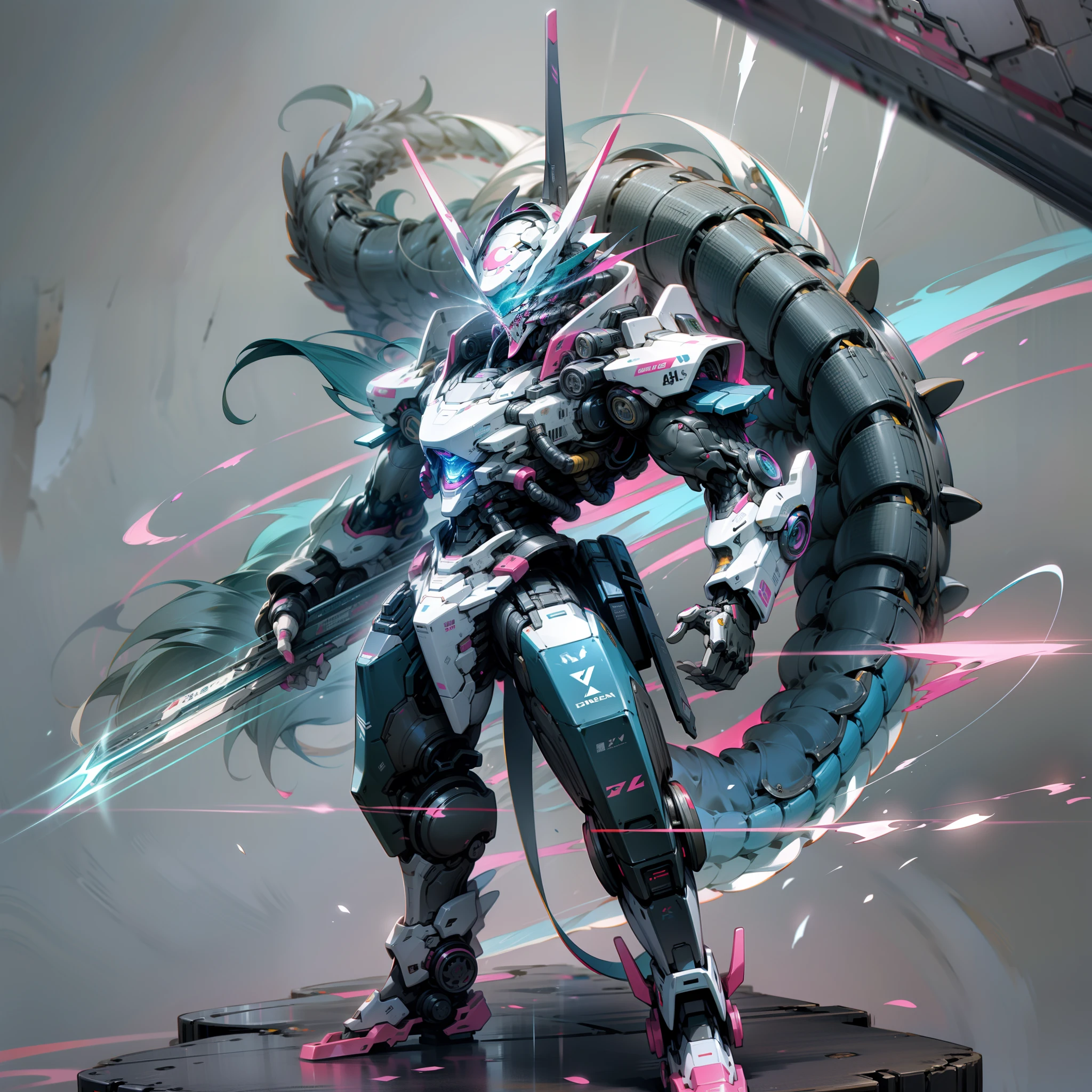 Blue and pink are the main colors，Tall mech，Powder blue gradient body，Powder blue gradient，Use the plasma sword，There is a dragon particle effect，Yin and Yang gossip，Formation，mechanical sense，sense of strength，Sense of space，combats，cyber punk perssonage，Human body modification，Structurally sound，Battle instant，high-quality face，4K，High quality，Masterpieces，of a real，drak，Western Dragon，chinesedragon
