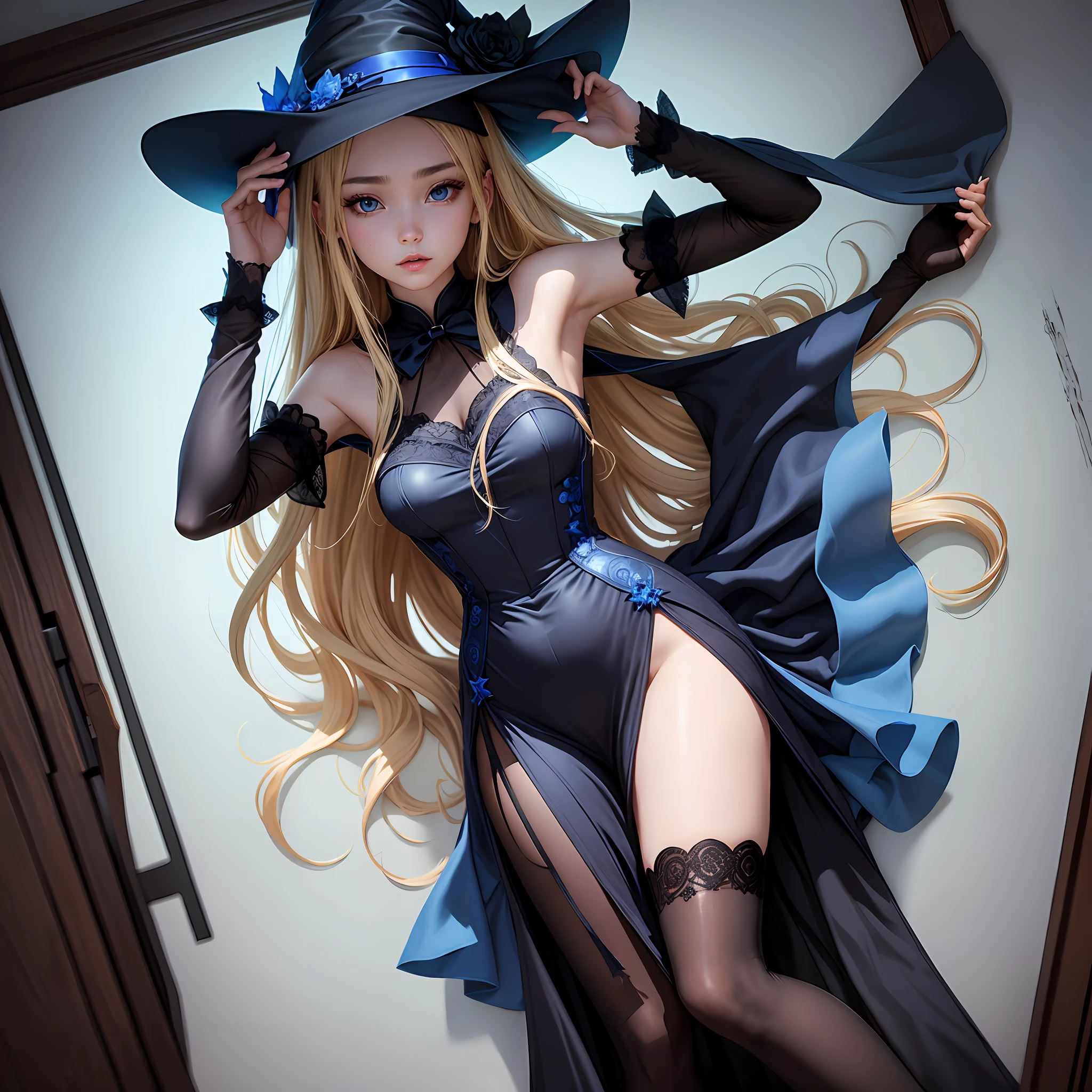 Beautiful witch，teens girl，black lence stockings，Transparent blue long dress，a blonde hair。 --auto