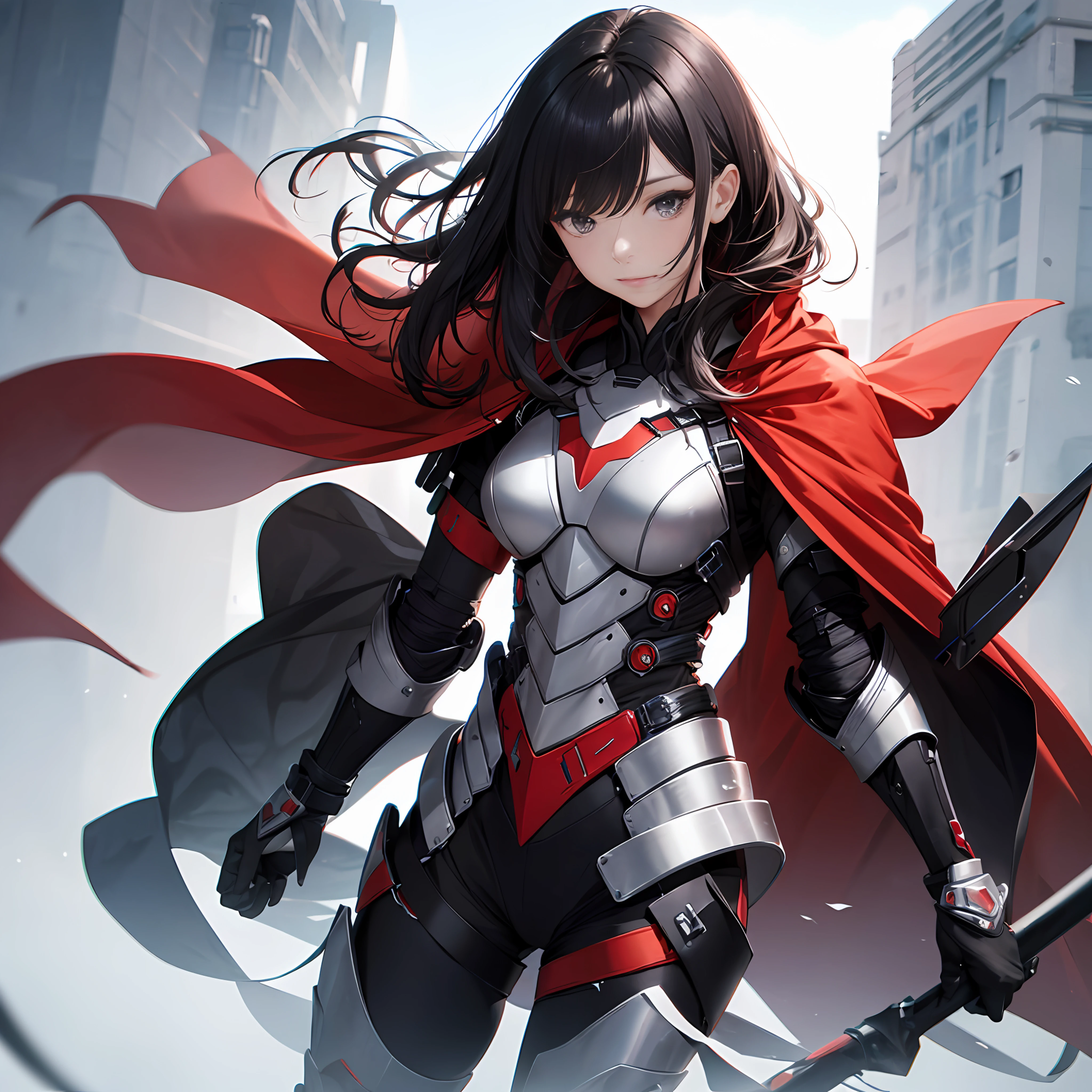 tmasterpiece，The best quality，With exoskeleton armor，Wear a red cape，Black gray hair girl --auto