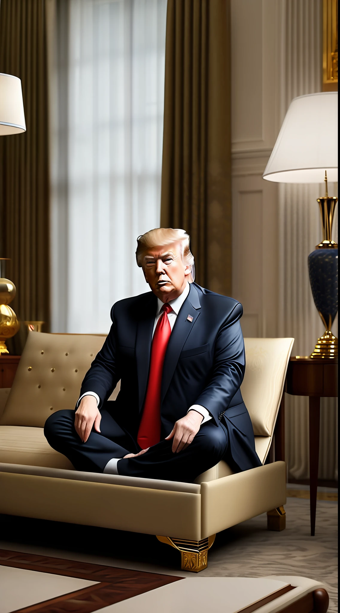 Trump sits on a futon,Calm,tmasterpiece,Cinematic photorealistic,high qulity,the detail