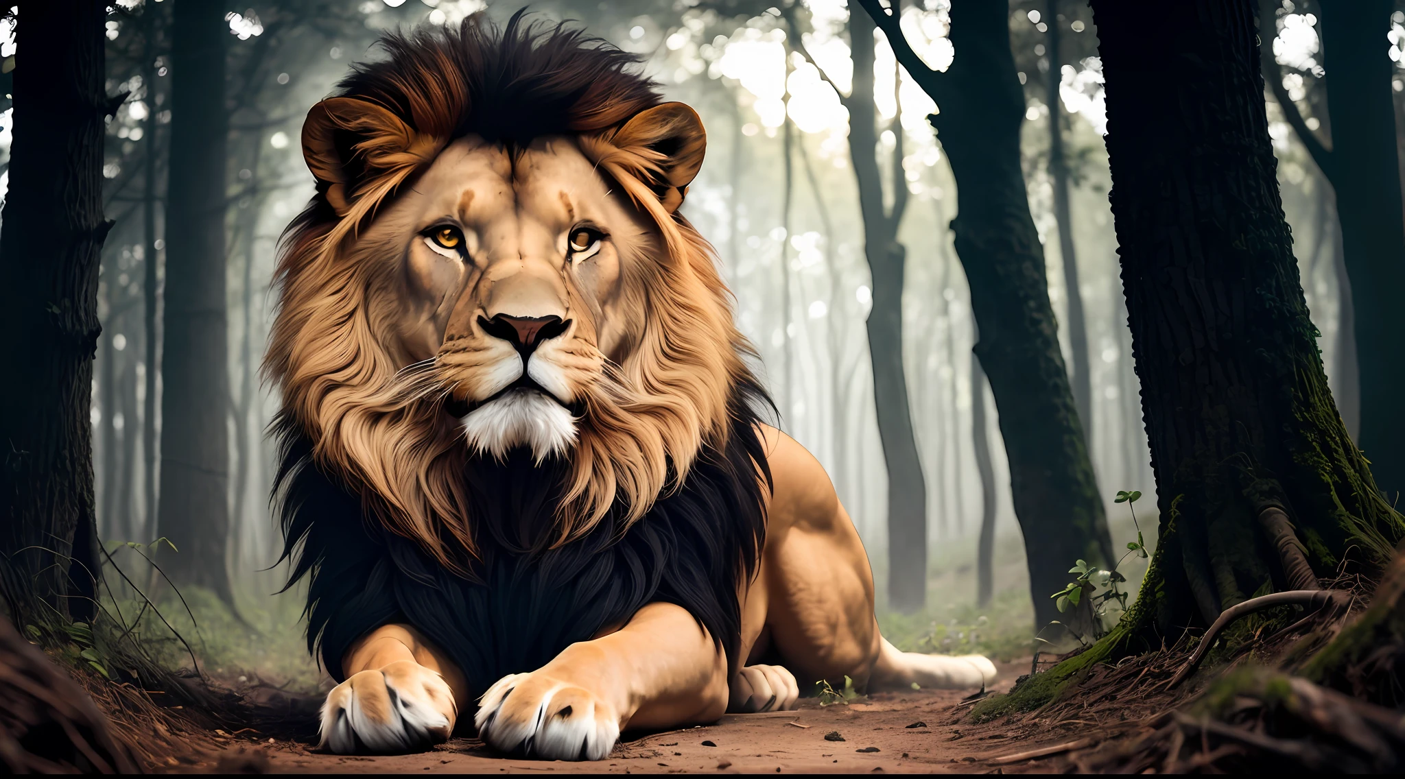 Shining lion in a dark and mysterious forest, fantasia e nevoeiro, Ray of sunshine coming through the tree, fotorrealista, foto, obra-prima, realista, realismo, fotorrealismo, alto contraste, Trending photorealistic digital art in Artstation 8k HD high definition detailed realistic, detalhado, textura da pele, hiper detalhado, textura realista da pele, armadura, melhor qualidade, ultra alta res, (fotorrealista: 1.4),, alta resolução, detalhado, foto crua, Sharp Re, by Lee Jeffries Nikon D850 film Stock Photography 4 Kodak Portra 400 camera F1.6 Lens Rich Colors Hyper Realistic Texture Dramatic Texture UnrealEngine Trend in ArtStation CineStill 800,