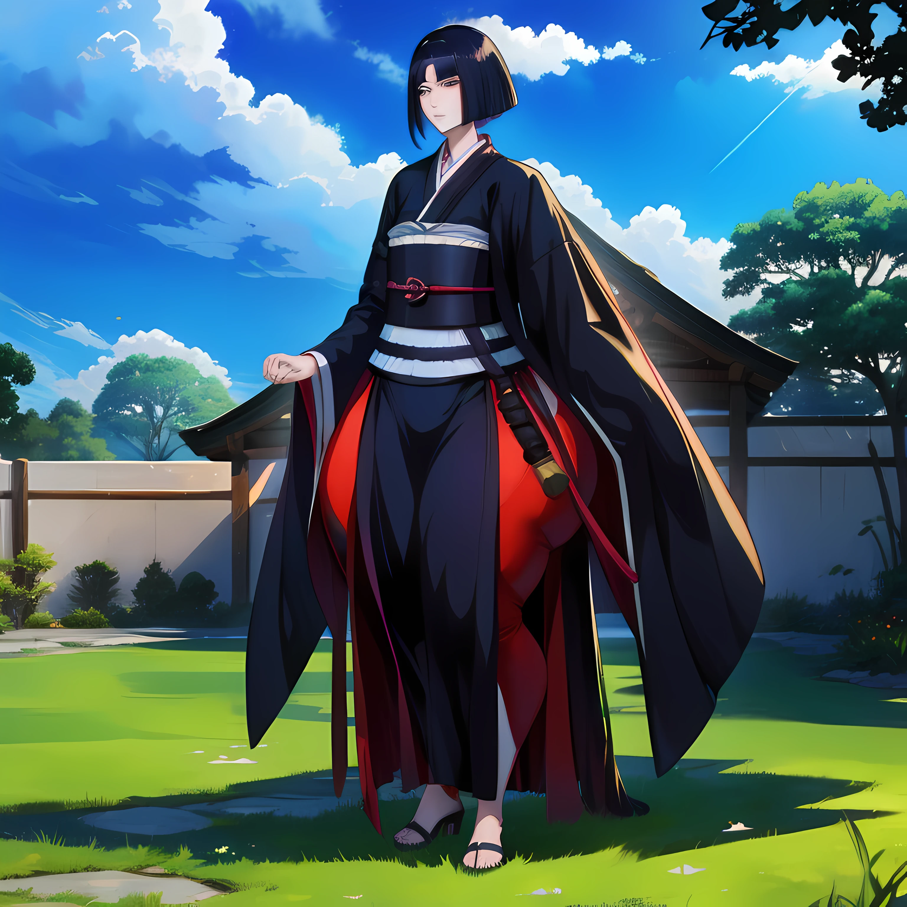 (full body), bottomheavy, huge ass, gigantic ass, thick thighs, massive thighs, hyper thighs, (extremely wide hips:1.4), solo, unohana, (background: ambient lighting, scenery, plant decor, backyard, dynamic blue sky, dynamic clouds), (huge thighs)