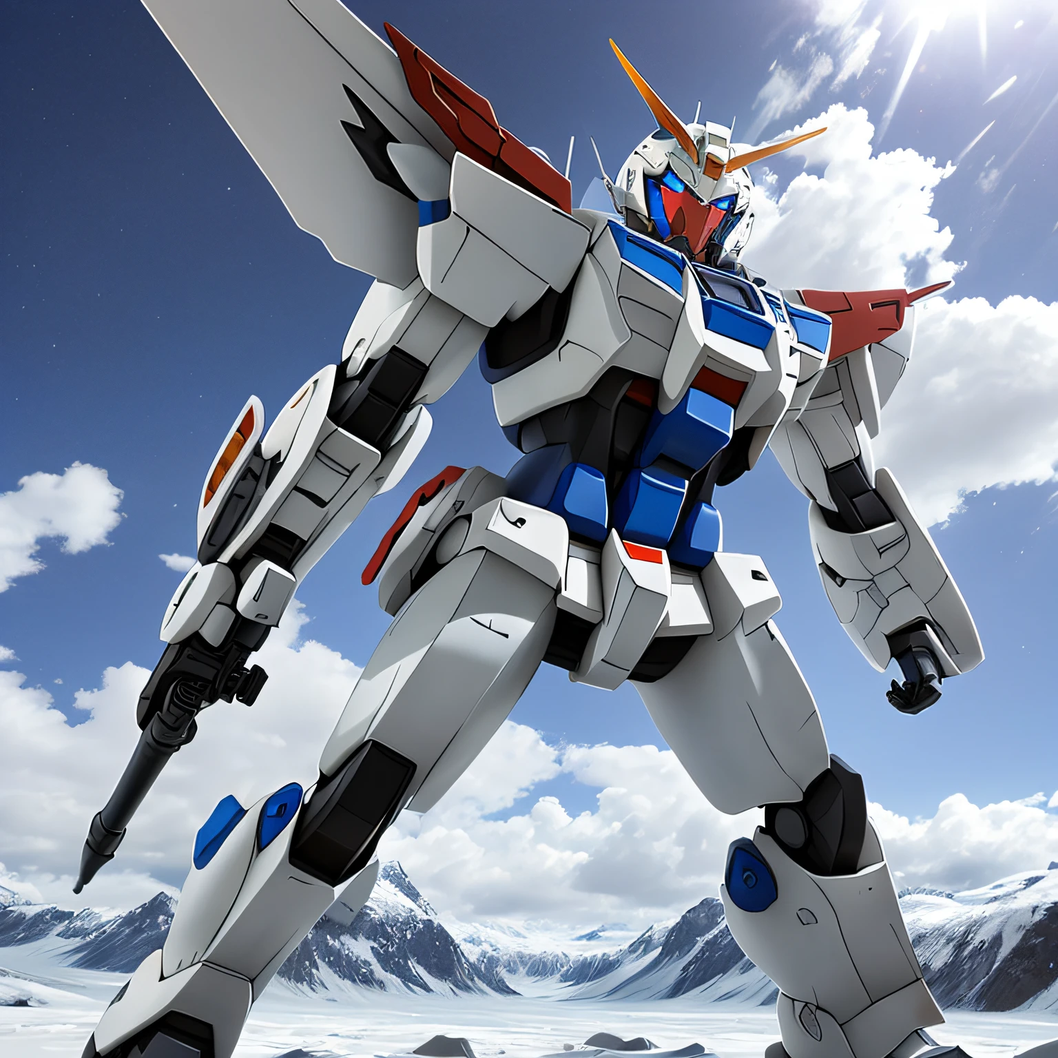 Blue and white cool gundam，Rusty，Look up at the perspective，blue tint，The glacier rises high into the clouds， --auto