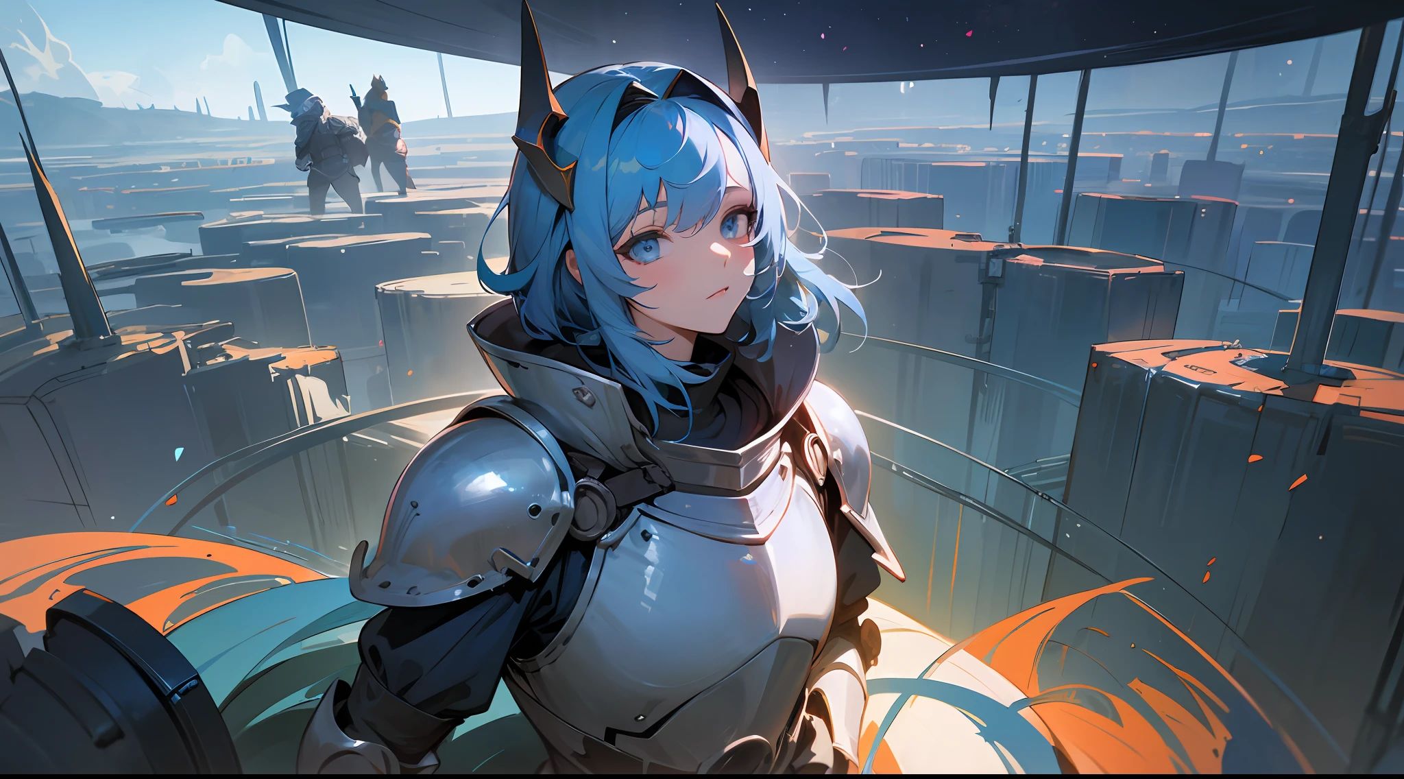Top quality, detail, 8K, 4K, high resolution, Detailed, blue-haired knight girl, Upper body is shown, , Find things on the dark planet, ((A few girls, Several boys)), characters of various colors, (Fantasy world), Dark night,