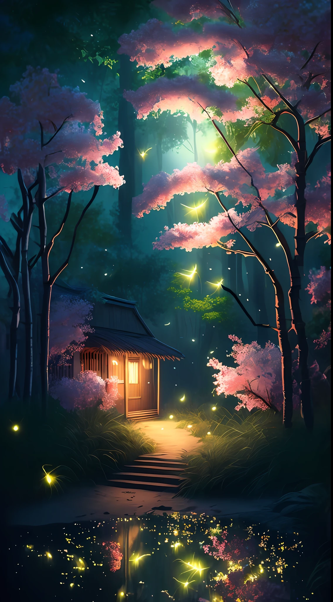 Masterpiece, best quality, (very detailed CG unity 8k wallpaper), (best quality), (best illustration), (best shadows), glow sprite, with a glowing deer, in the swimming pool Drinking water, natural elements in the forest theme. Mysterious forest, beautiful forest, nature, surrounded by flowers, delicate leaves and branches surrounded by fireflies (natural elements), (jungle theme), (leaves), (twigs), (fireflies), (particle effects) etc. 3D , Octane rendering, ray tracing, super detailed