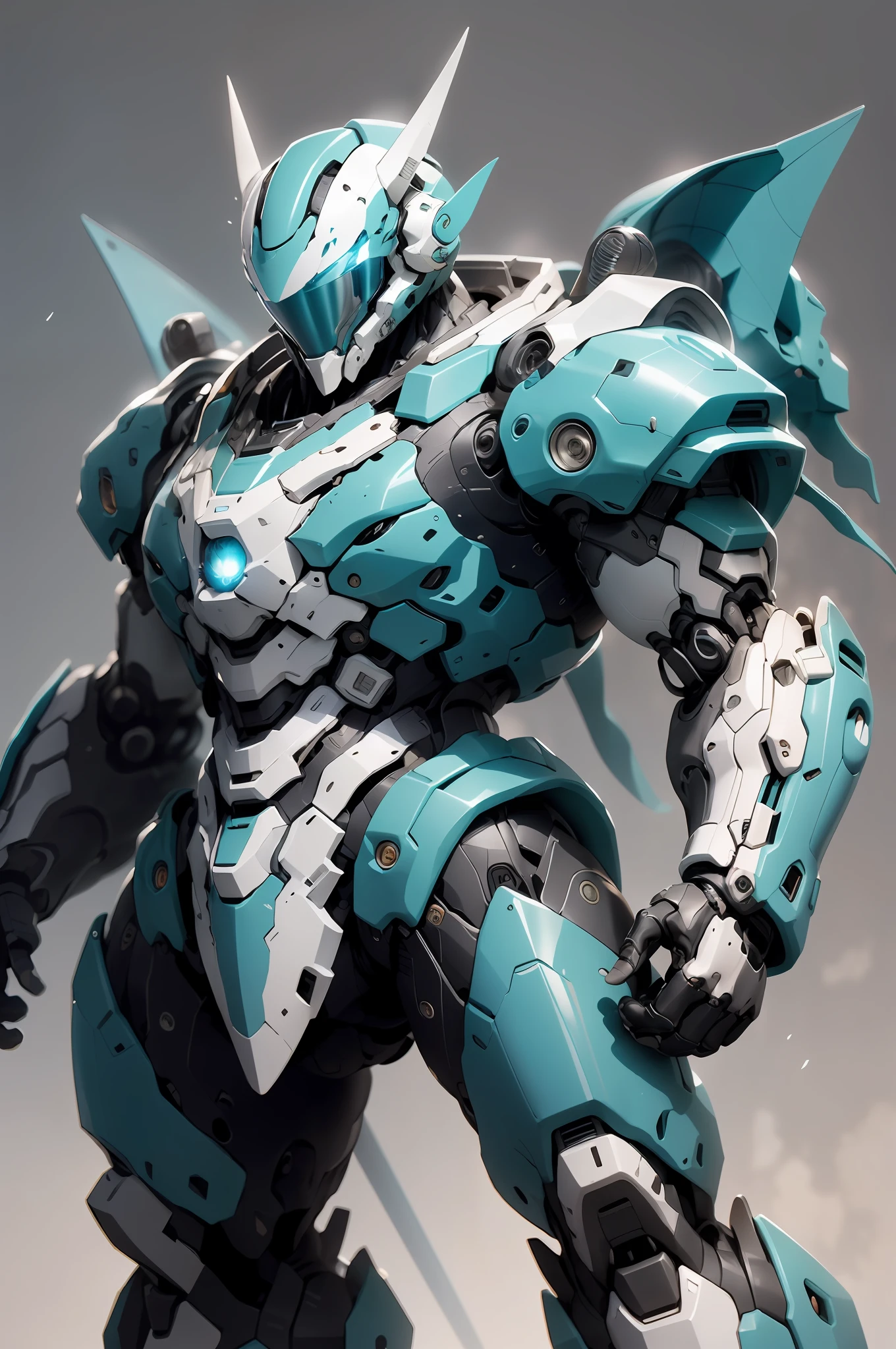 On dark teal background,A tall blue-and-white mech stood there majestically。It comes with a high-tech helmet,Simple appearance,But the muscles are full。It holds a long sword,The body is slightly tilted,With an aggressive posture。
