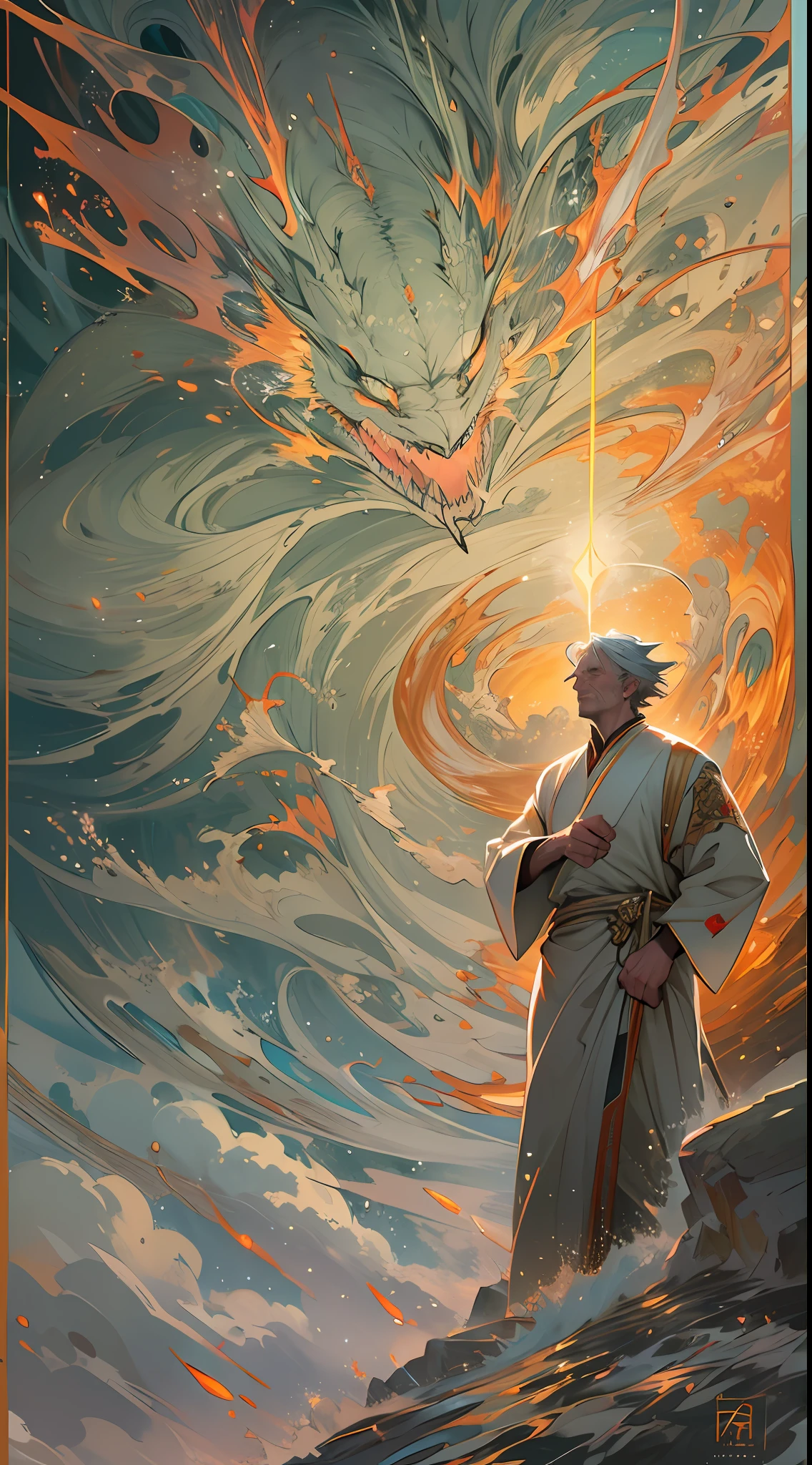 A tall man radiating intense spiritual power, with turbulent air currents swirling around him, 32k, best quality, masterpiece, super detail, high details,