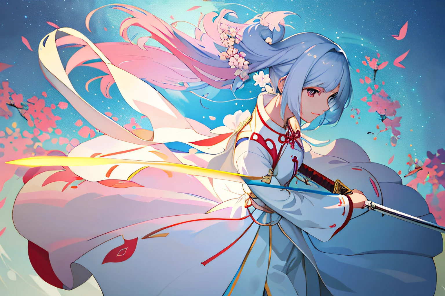 Anime girl wearing white dress,Holding a sword in hand, by Yang J, Beautiful character painting, Guviz-style artwork, Palace , A girl in Hanfu, trending on cgstation, Guviz, A beautiful artwork illustration, Guweiz in Pixiv ArtStation, Beautiful digital artwork, Artgerm and Atey Ghailan