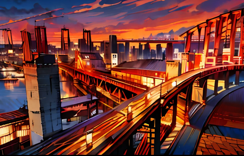 style of anime,There is a red bridge,Across rivers and cities, Takahashi,city on top, all buildings on bridge, the photo shows a large, shot on a 9.8mm wide angle lens, super wide view of a cityscape, footbridges between houses, huge suspended wooden bridge, Very high field of view, overlooking a modern city,