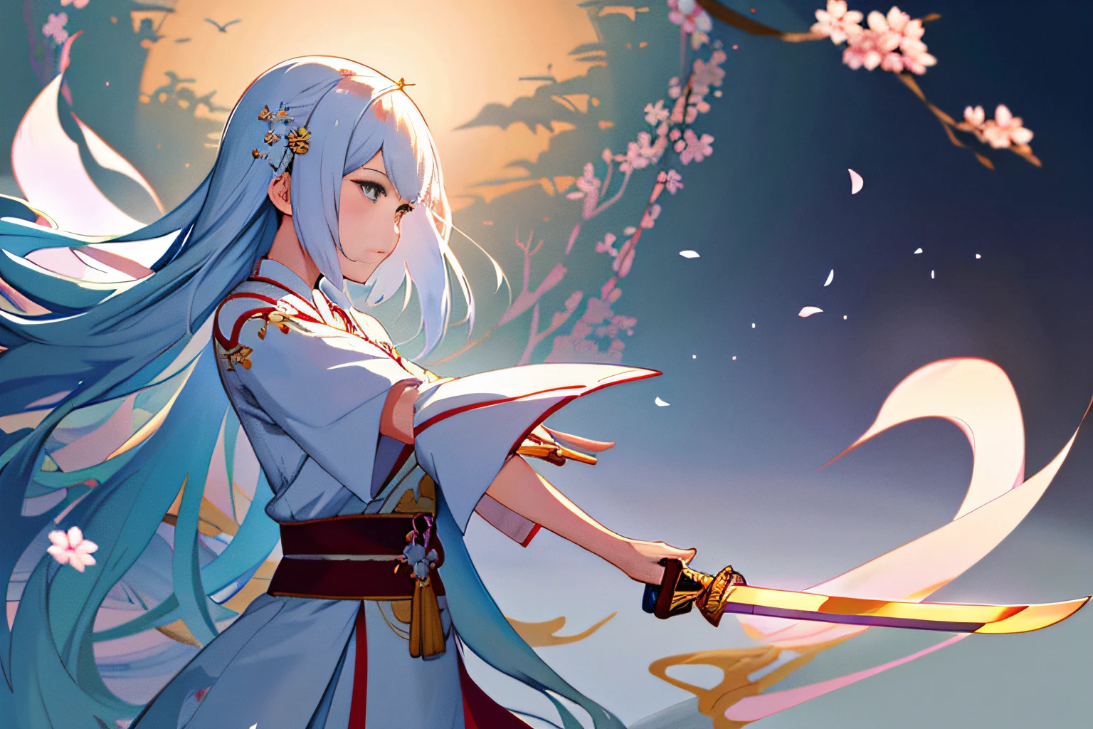 Anime girl wearing white dress,Holding a sword in hand, by Yang J, Beautiful character painting, Guviz-style artwork, Palace , A girl in Hanfu, trending on cgstation, Guviz, A beautiful artwork illustration, Guweiz in Pixiv ArtStation, Beautiful digital artwork, Artgerm and Atey Ghailan