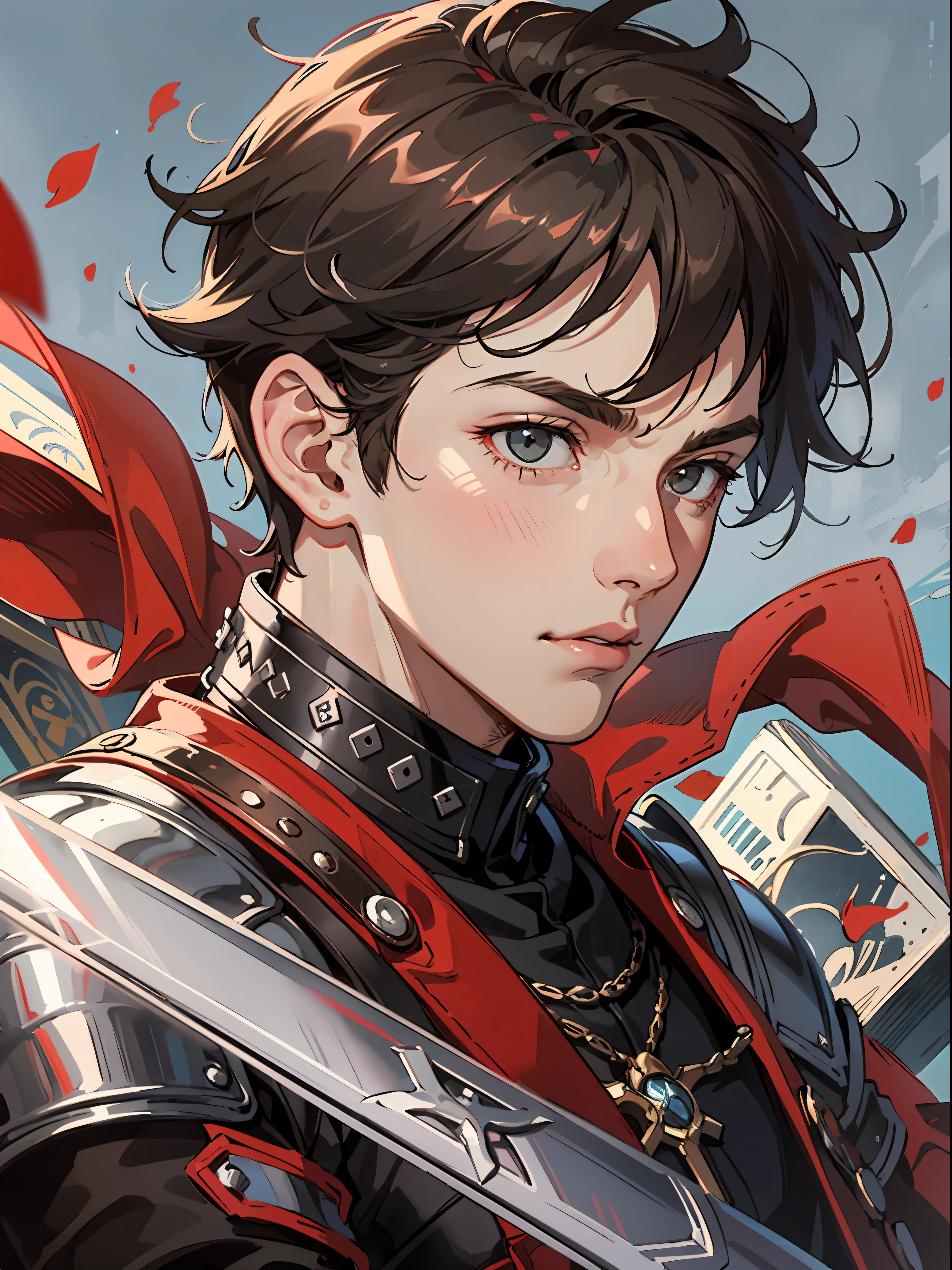a 17-year-old teenage boy, 1 boy as a swordsman, sword, brown short hair, brown short hair parted in the middle, man's short hair, without a beard, without a goatee, no facial hair, silver colored medieval knight armor, red clothes, war, battlefield